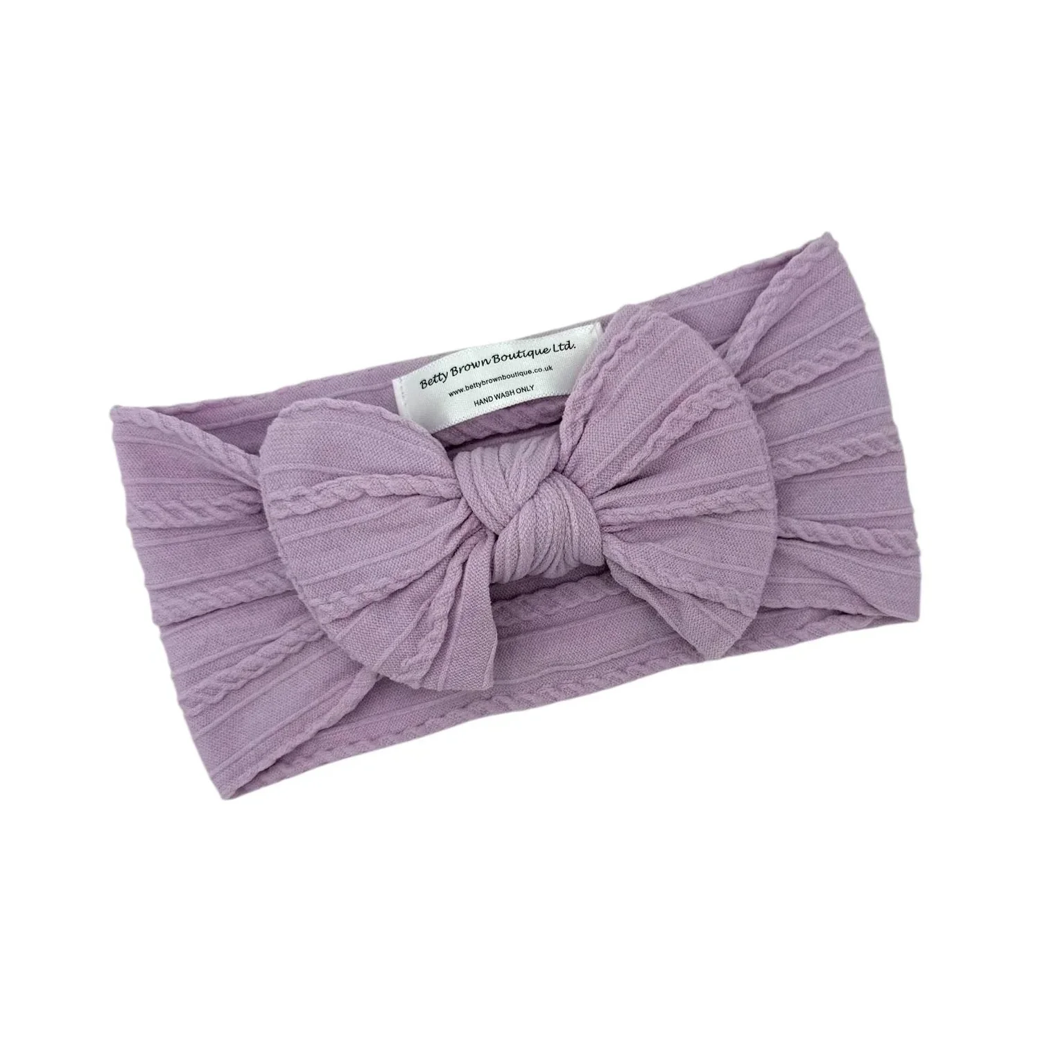 Bright Lilac Smaller Bow Cable Knit Headband - Image 8