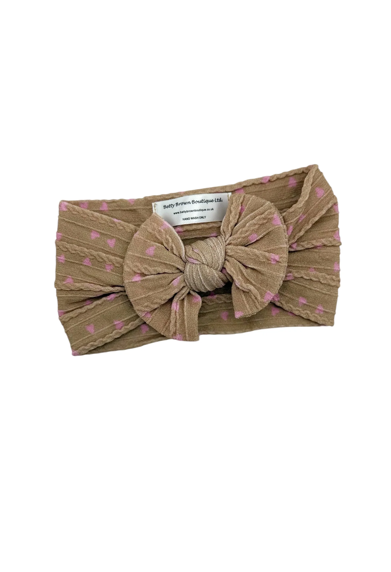 Brown and Pink Heart Pattern Smaller Bow Cable Knit Headband - Valentines Day - Image 3
