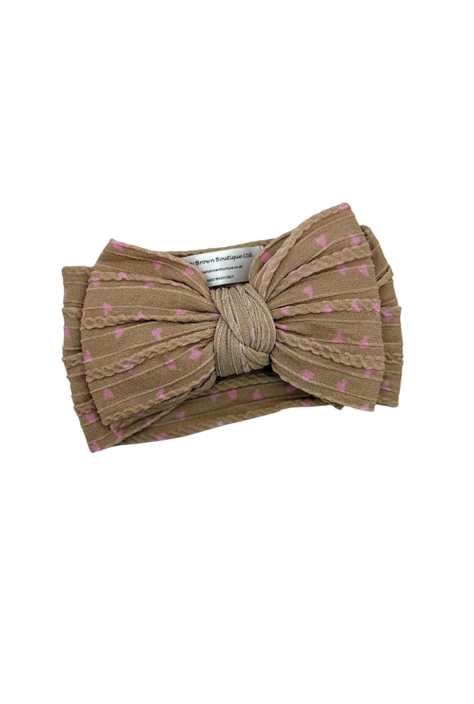 Brown and Pink Hearts Pattern Larger Bow Cable Knit Headband - Valentine’s Day - Image 3