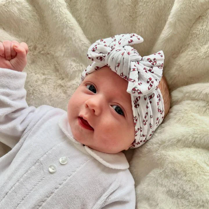 White Candy Cane Pattern Christmas Smaller Bow Cable Knit Headband