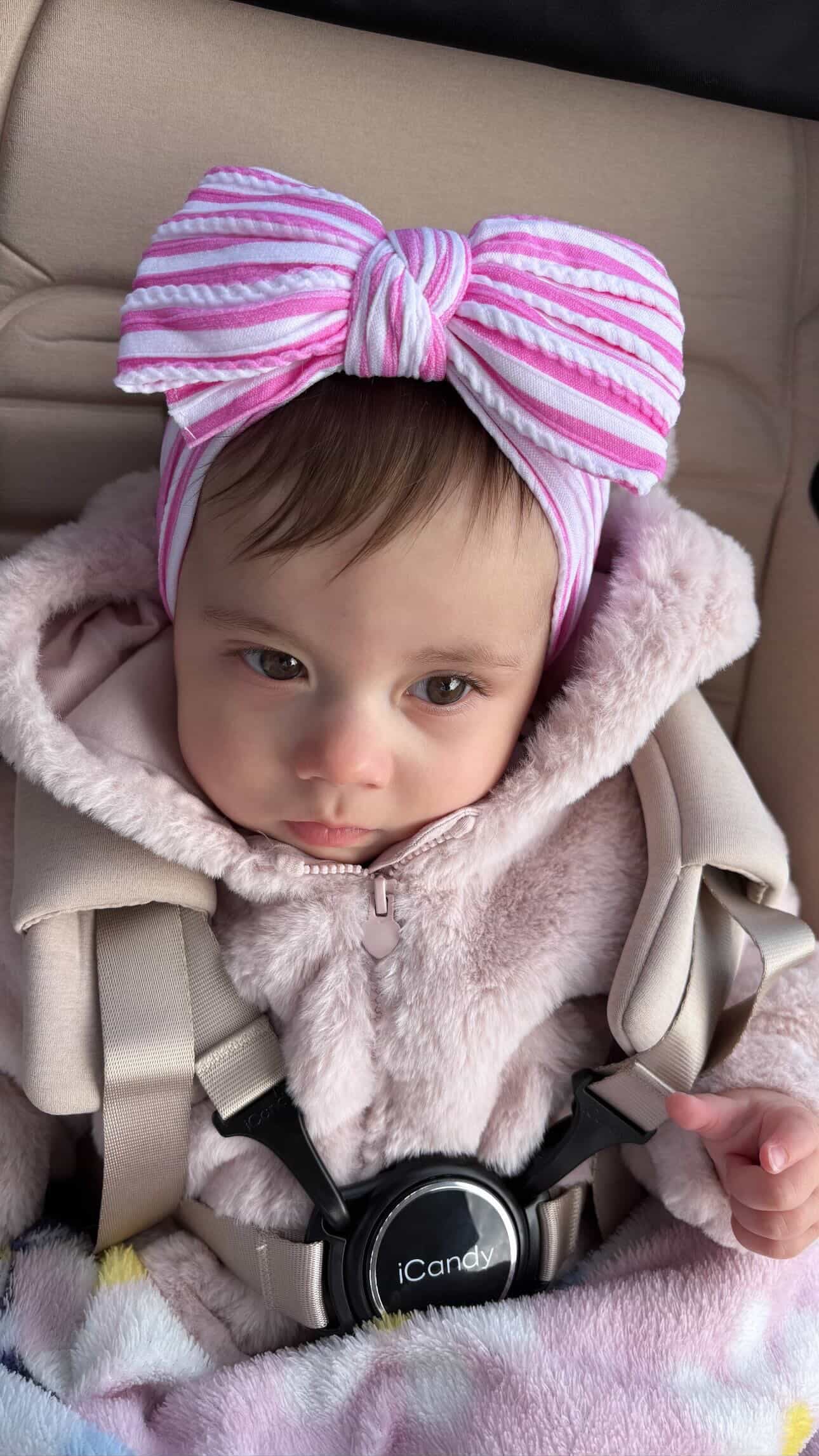 Candy Pink Stripe Larger Bow Cable Knit Headband - Image 4