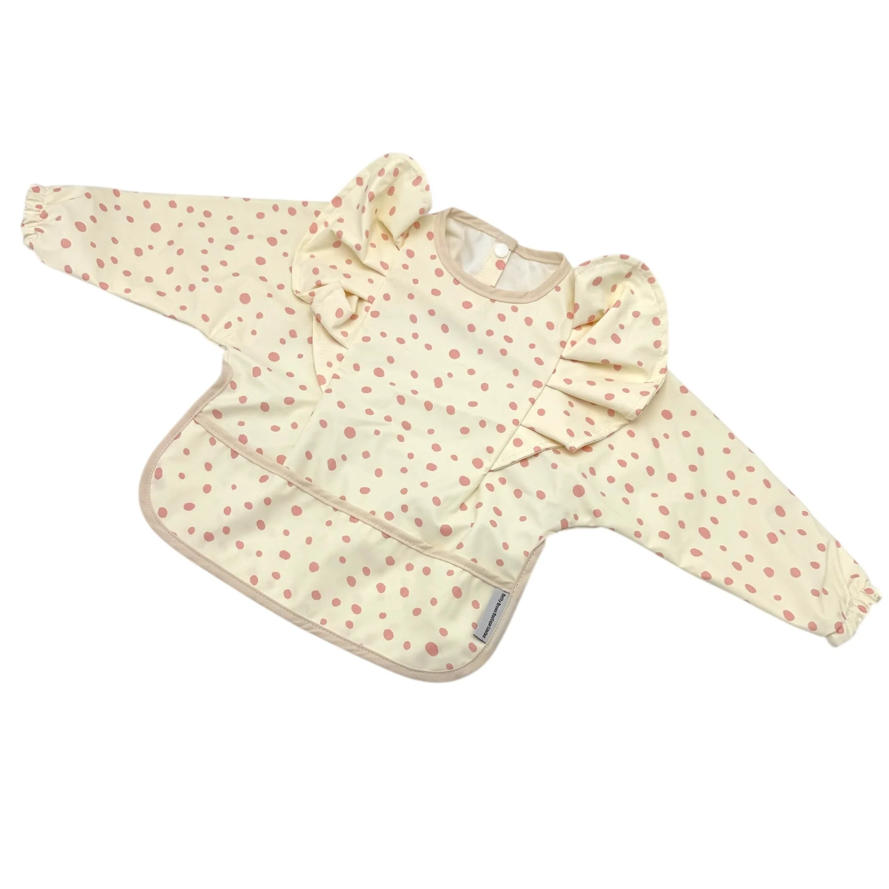 Cream and Pink Polkadot Pattern Frill Detailed Waterproof Bib with Sleeves - Image 2