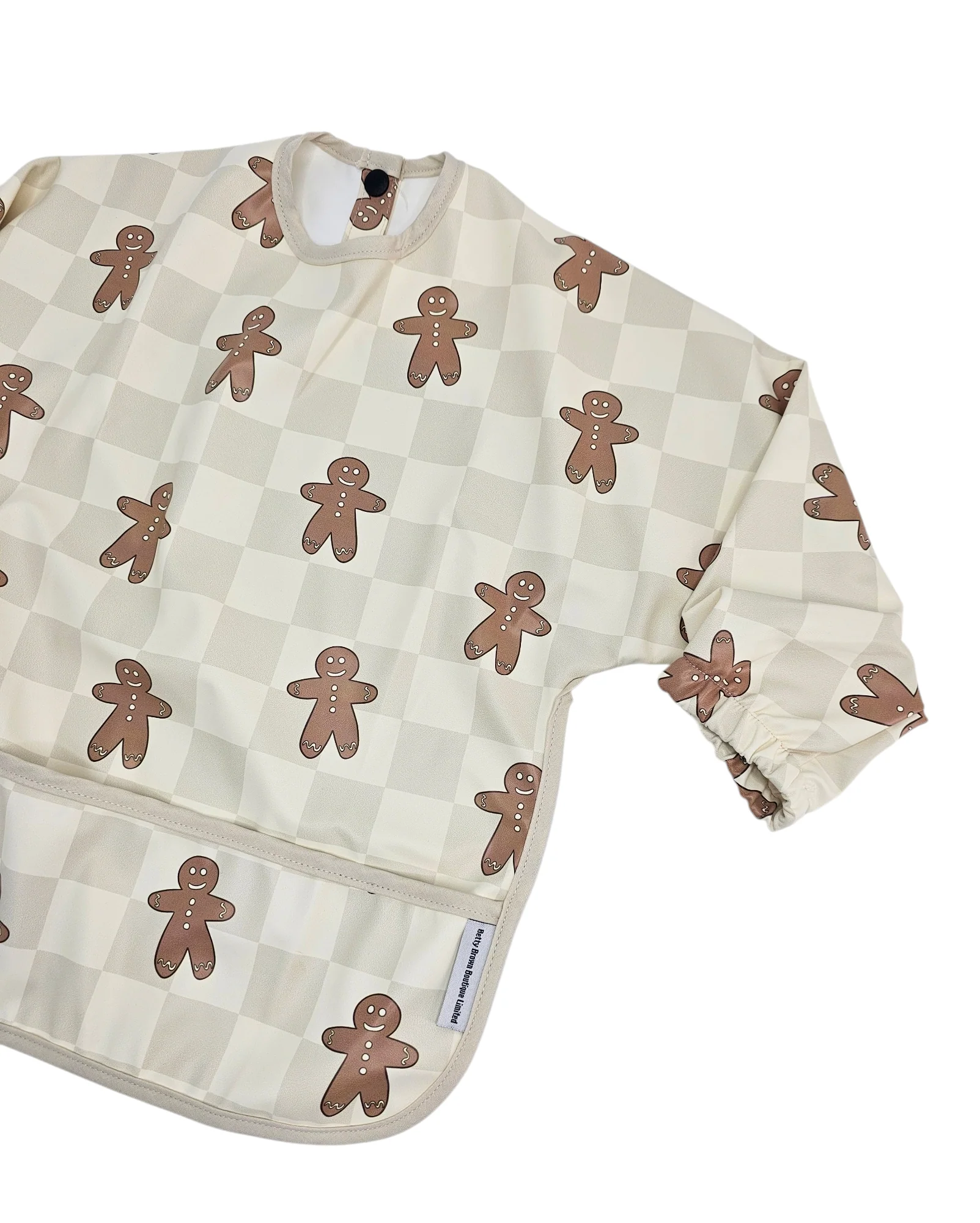 Gingham Gingerbread Man Christmas Pattern Waterproof Bib with Sleeves - Image 3