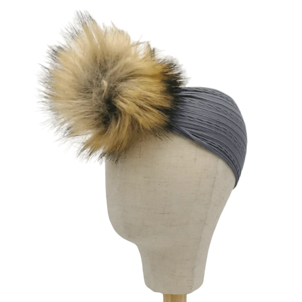 Grey Faux Fur Pom Cable Knit Headband - Image 2