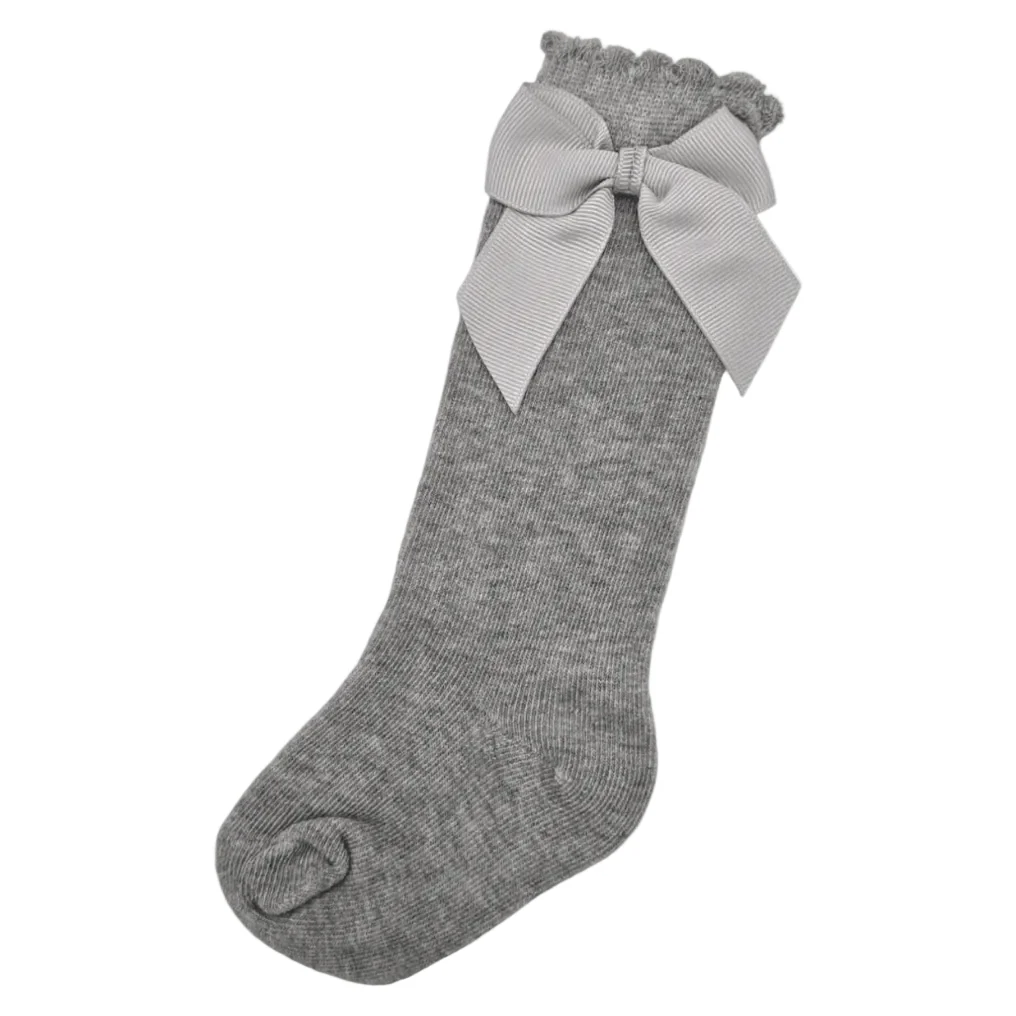 Grey Knee High Style Socks With 3 Inch Bow