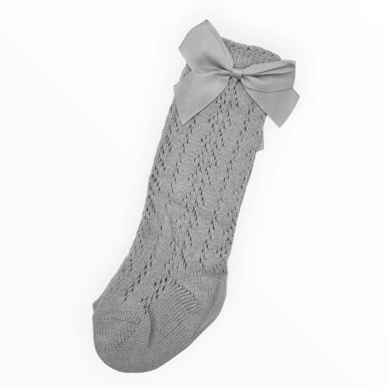 Grey Open Patterned Knee High Style Socks With 3 Inch Bow