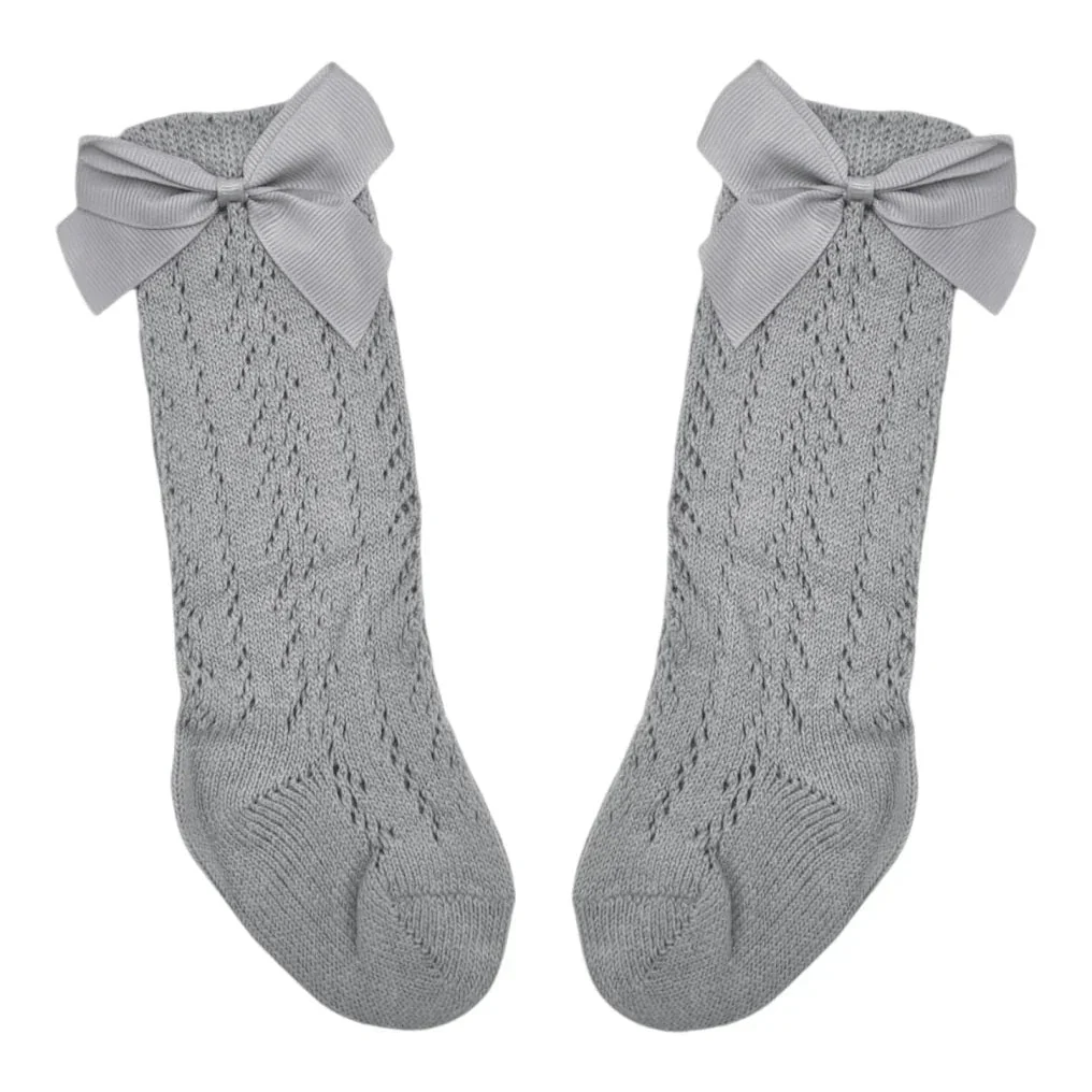 Grey Open Patterned Knee High Style Socks With 3 Inch Bow - Image 2