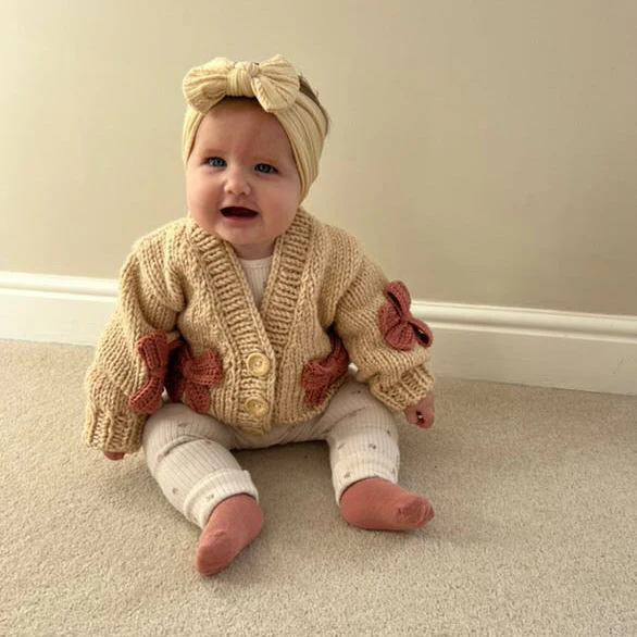 Handknitted Bow Patterned Cardigan - Latte/Pink - Image 5