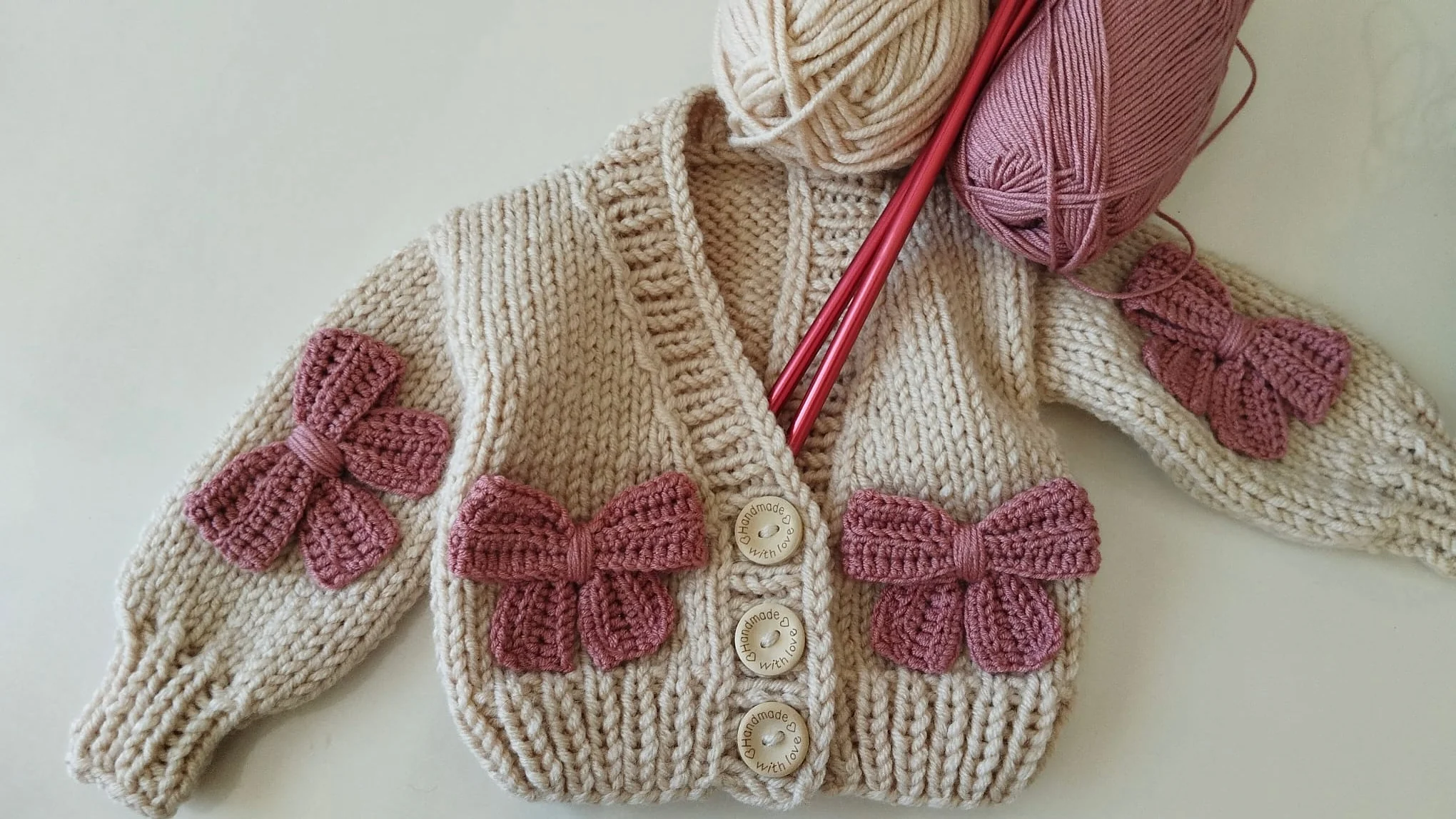 Handknitted Bow Patterned Cardigan - Latte/Pink - Image 8