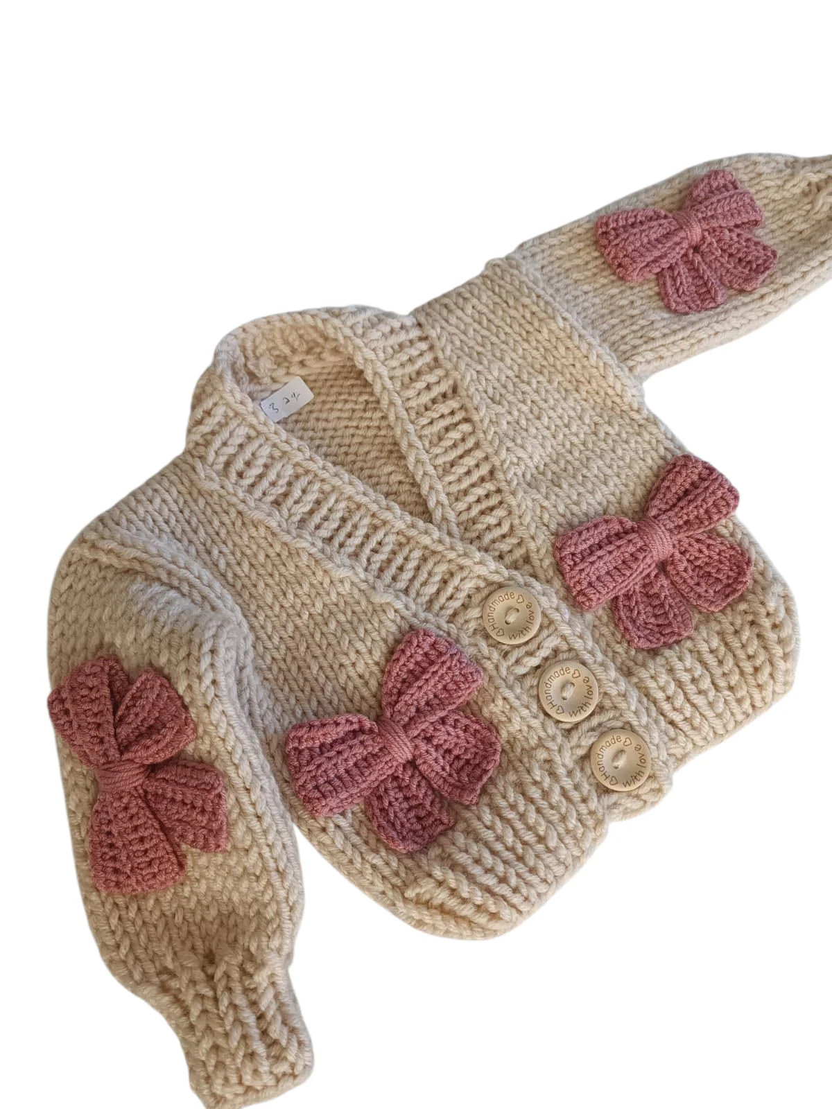 Handknitted Bow Patterned Cardigan - Latte/Pink - Image 9