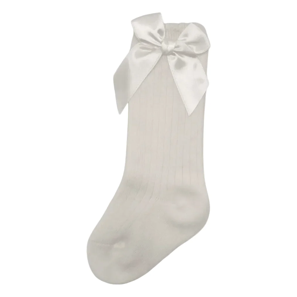 Ivory Ribbed Knee High Style Socks With Satin 3 Inch Bow