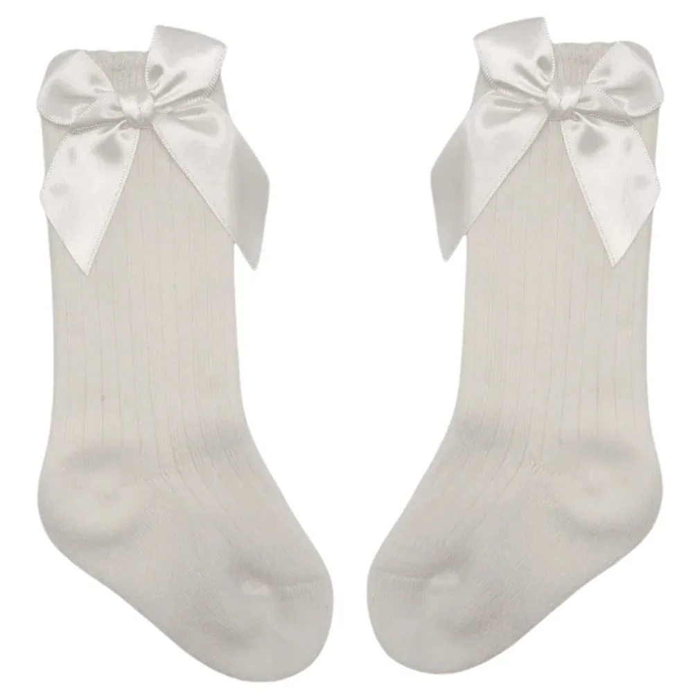 Ivory Ribbed Knee High Style Socks With Satin 3 Inch Bow - Image 2