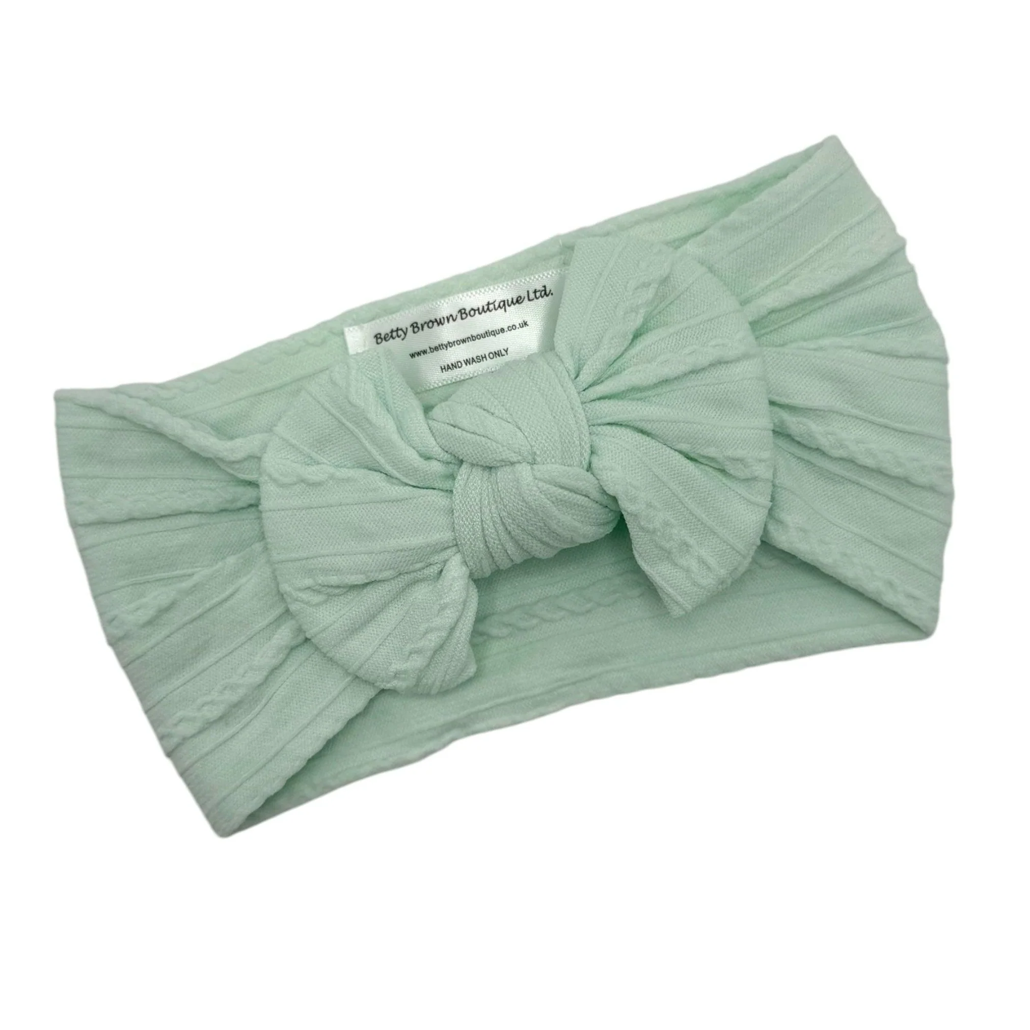 Light Aqua Green Smaller Bow Cable Knit Headband - Image 2