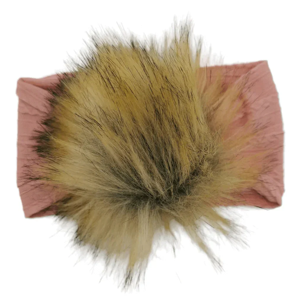 Lighter Dusty Pink Faux Fur Pom Cable Knit Headband