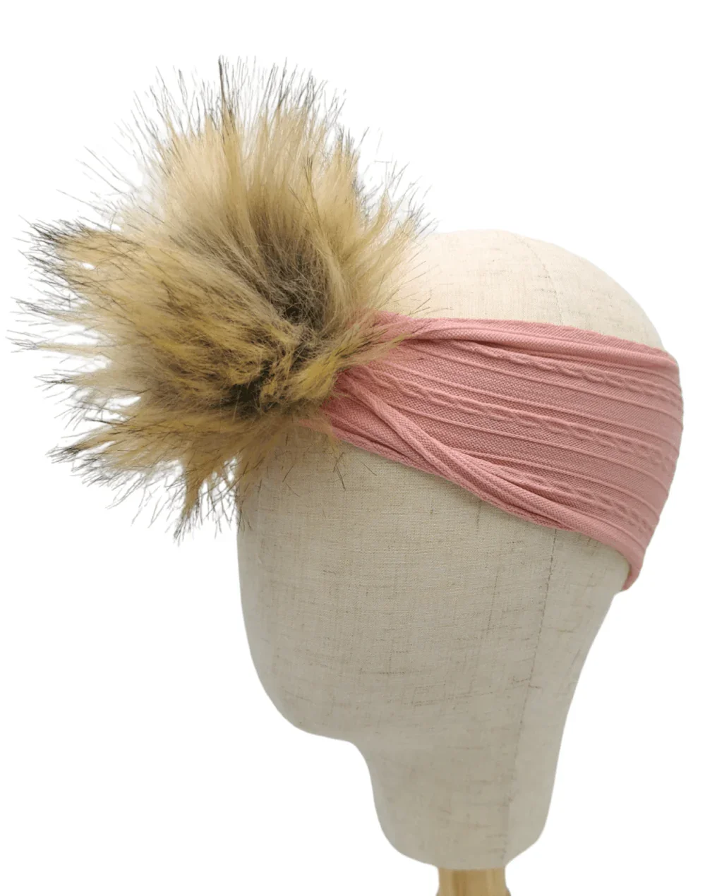 Lighter Dusty Pink Faux Fur Pom Cable Knit Headband - Image 2