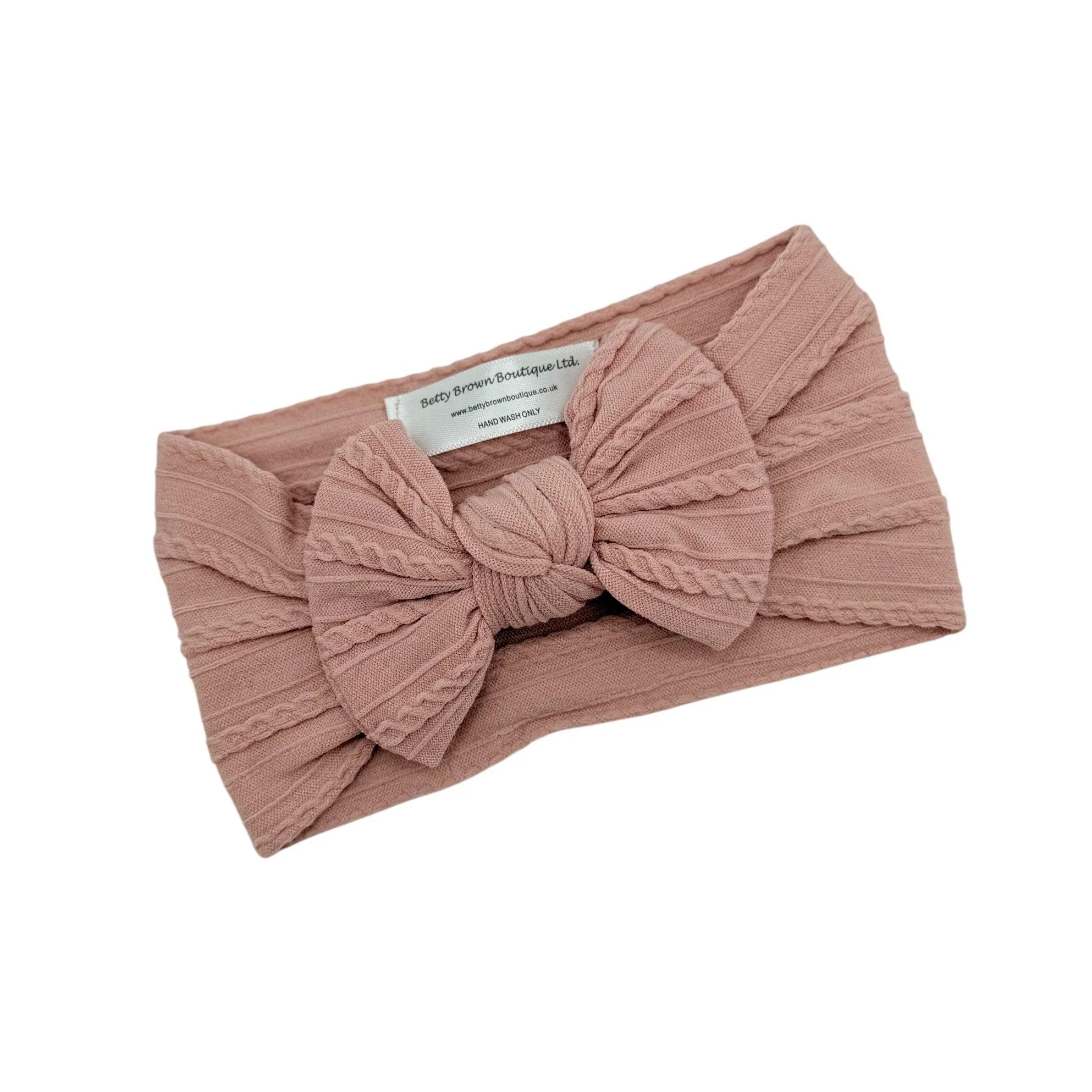 Lighter Dusty Pink Smaller Bow Cable Knit Headband - Image 4