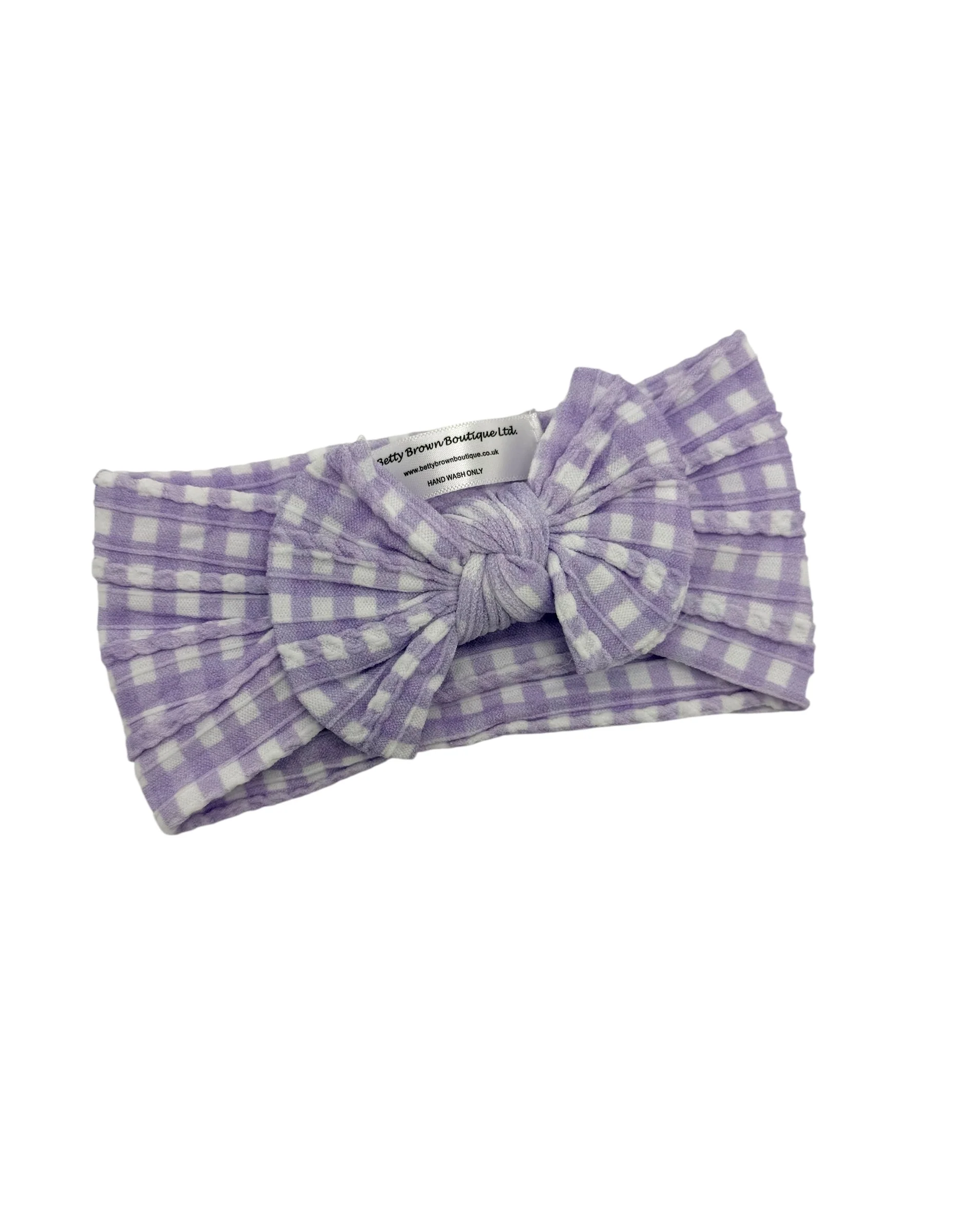 Lilac Gingham Pattern Smaller Bow Cable Knit Headband - Image 2
