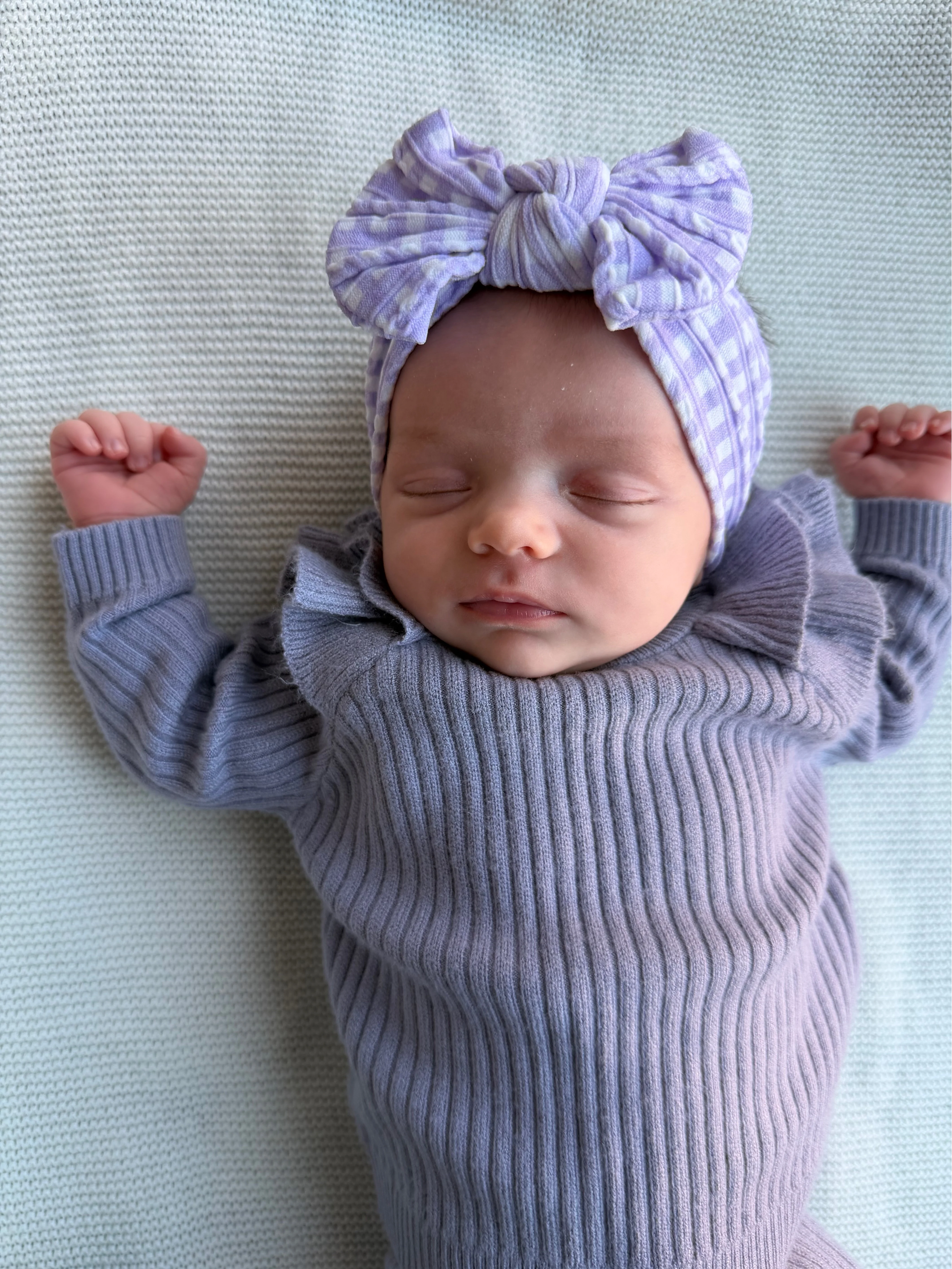 Lilac Gingham Pattern Smaller Bow Cable Knit Headband - Image 3