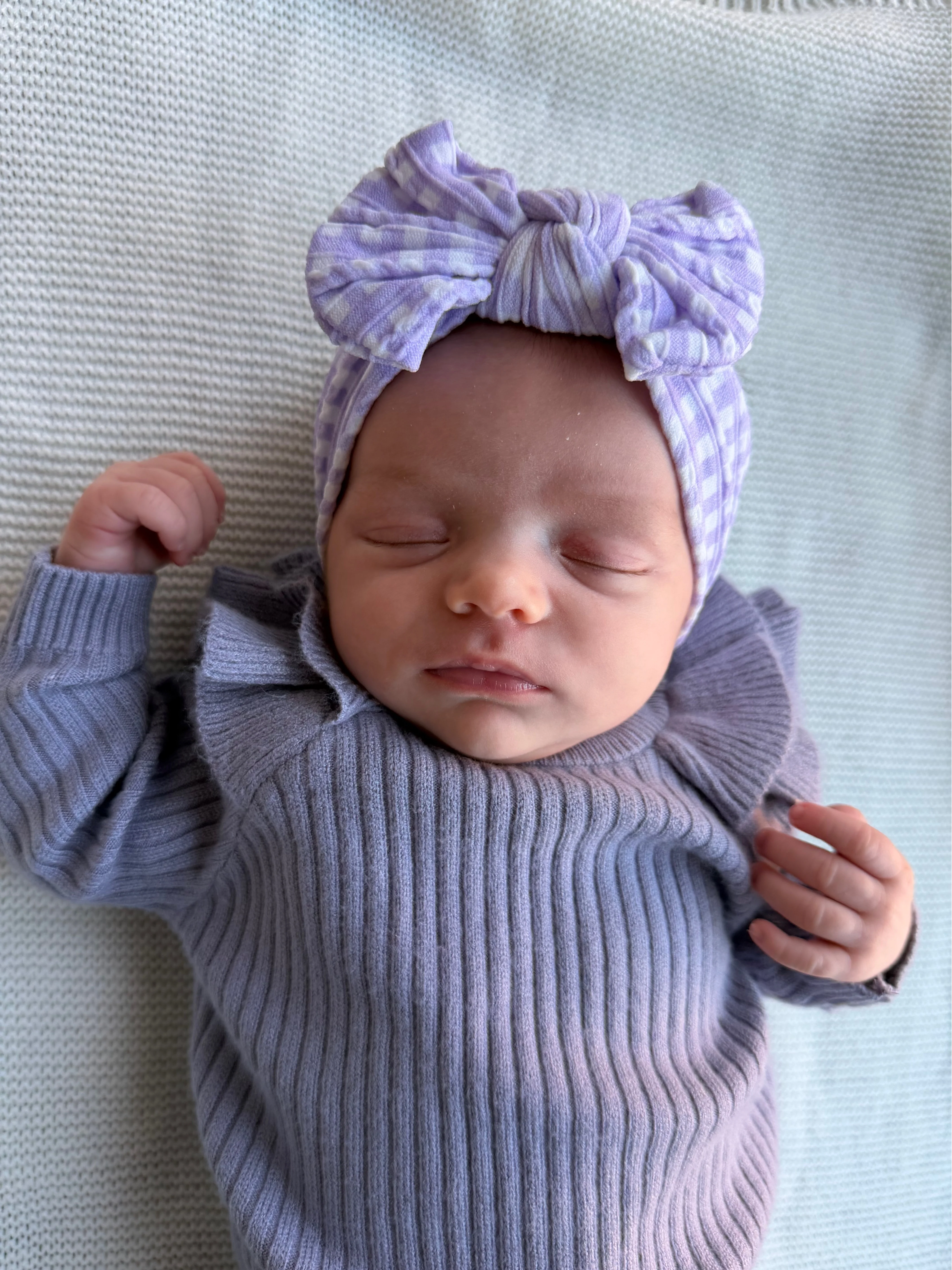 Lilac Gingham Pattern Smaller Bow Cable Knit Headband - Image 5
