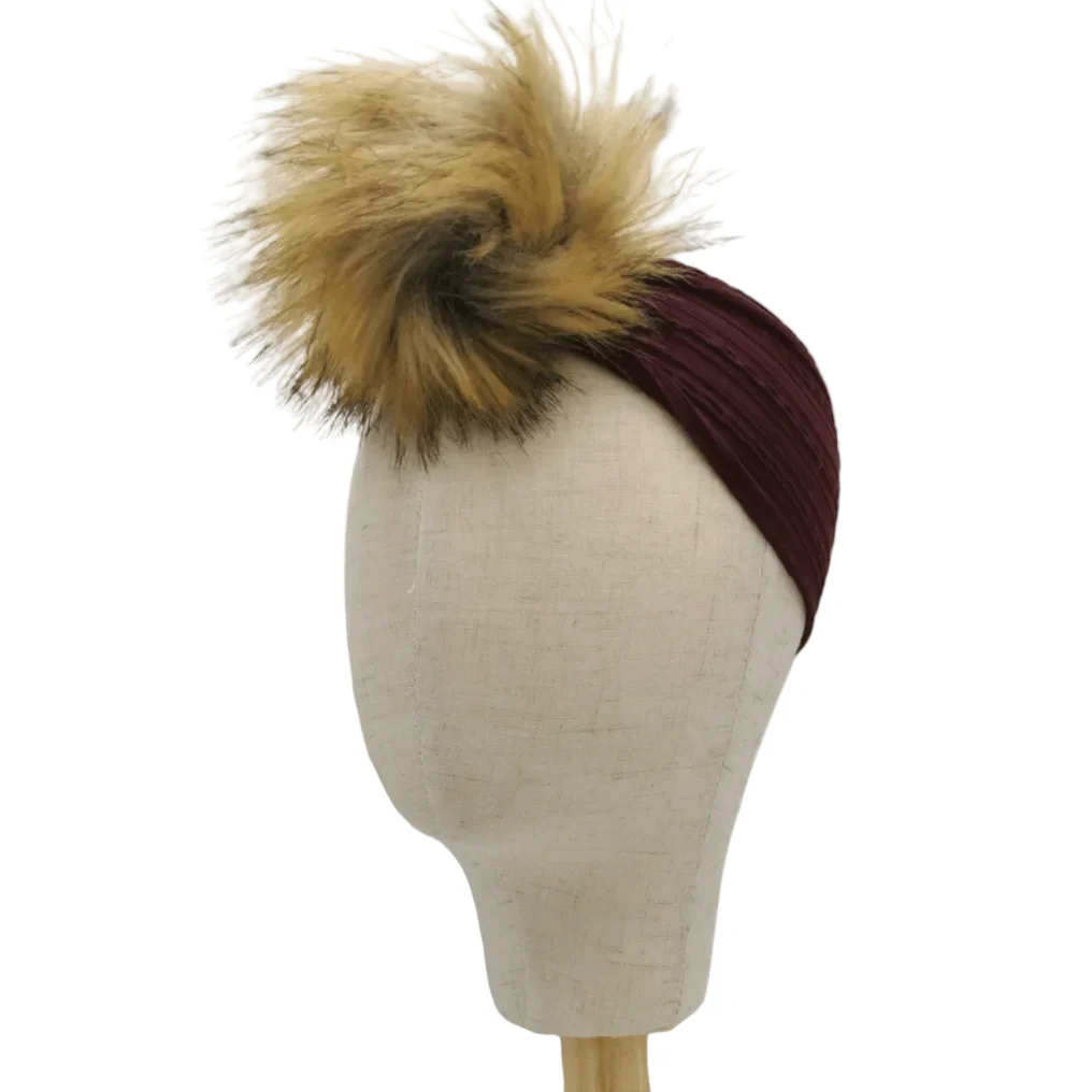 Maroon Faux Fur Pom Cable Knit Headband - Image 2