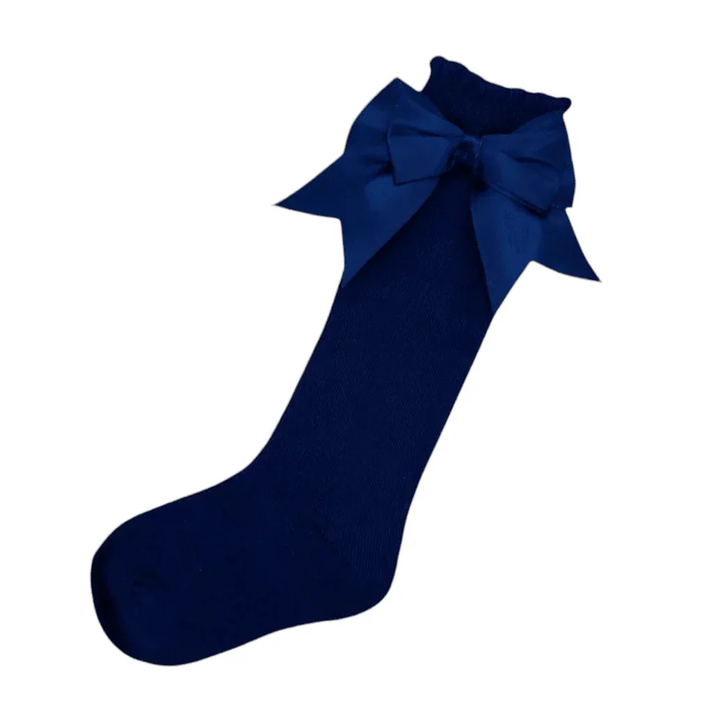 Navy Blue Knee High Style Socks With 3 inch Larger Satin Bow