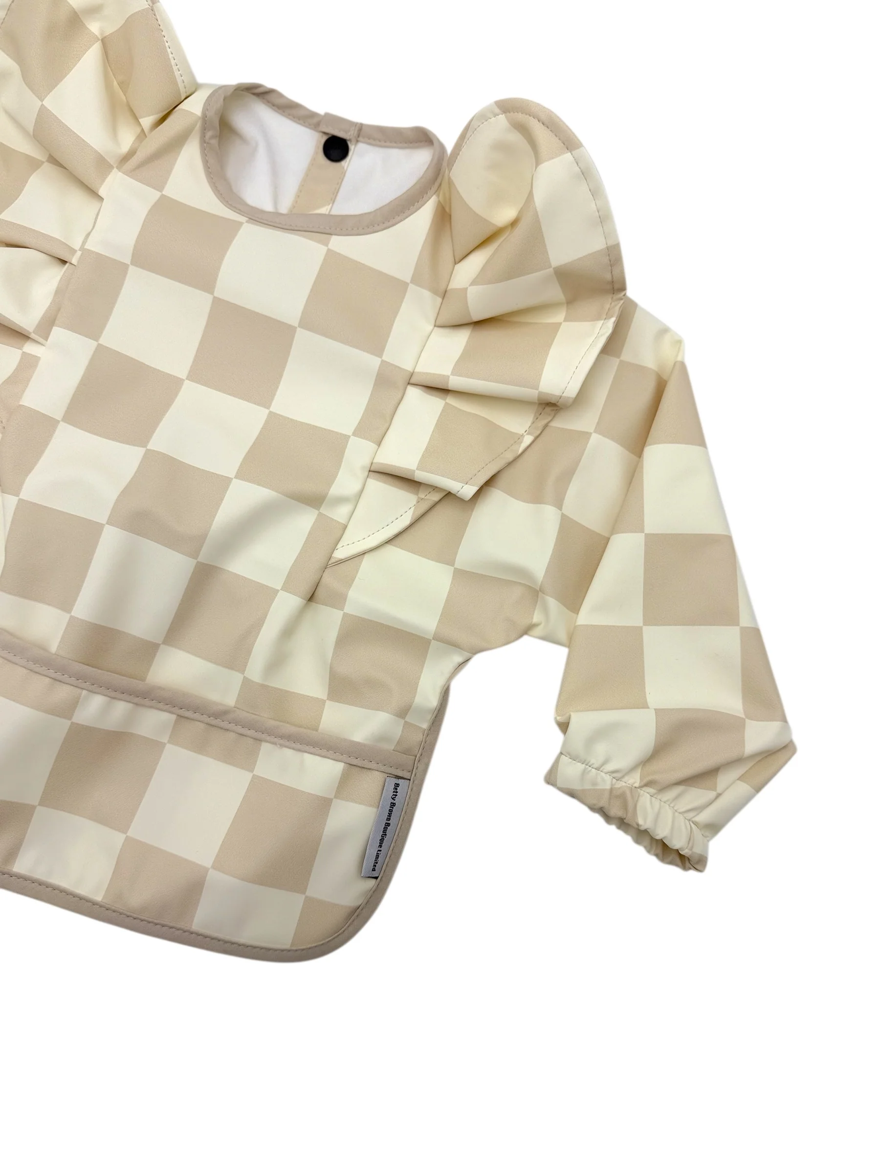 Neutral Checkered Pattern Frill Detailed Waterproof Bib with Sleeves - Image 3