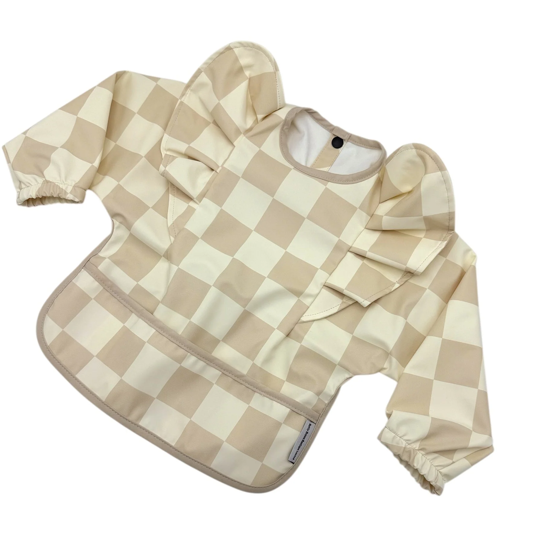 Neutral Checkered Pattern Frill Detailed Waterproof Bib with Sleeves - Image 4