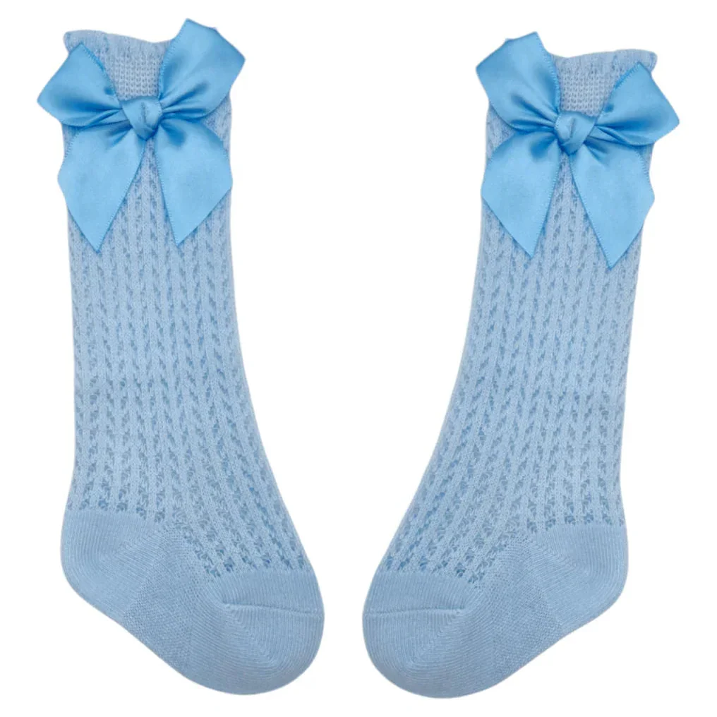 Pale Blue Open Patterned Knee High Style Socks With Satin 3 Inch Bow - Image 2