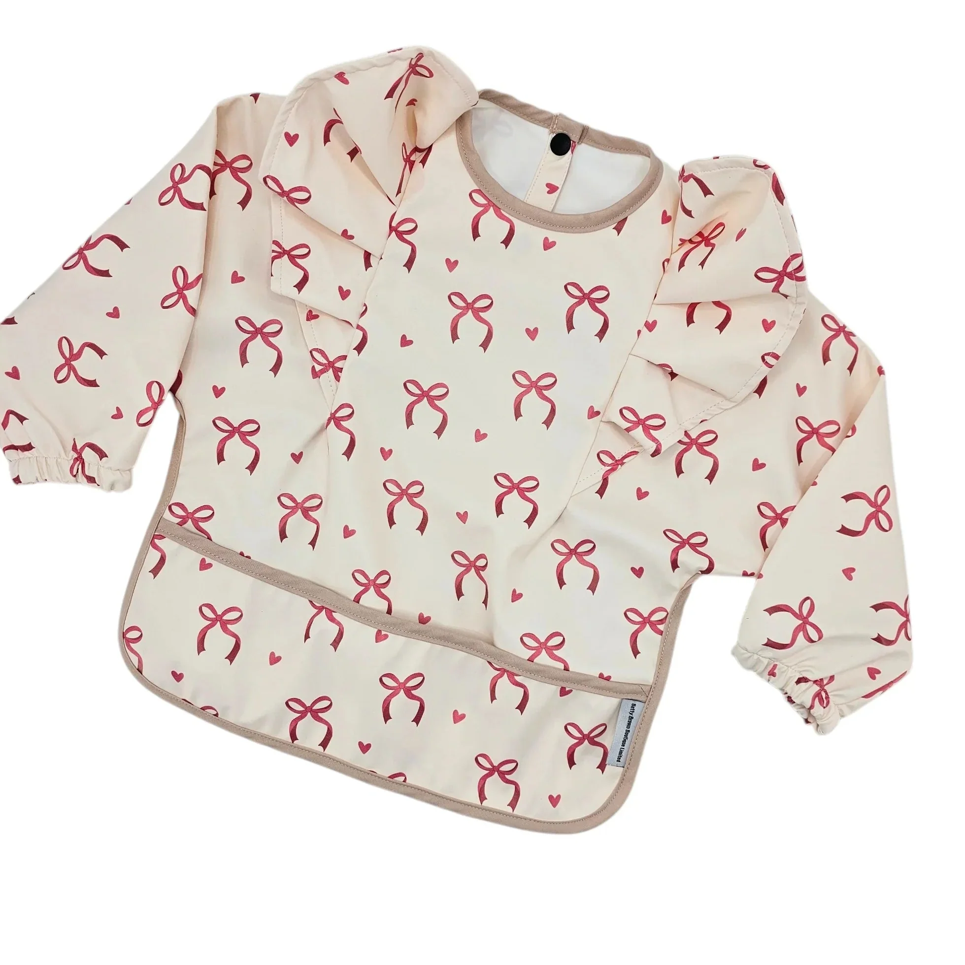 Pink Bow Pattern Frill Detailed Waterproof Bib with Sleeves - Image 3