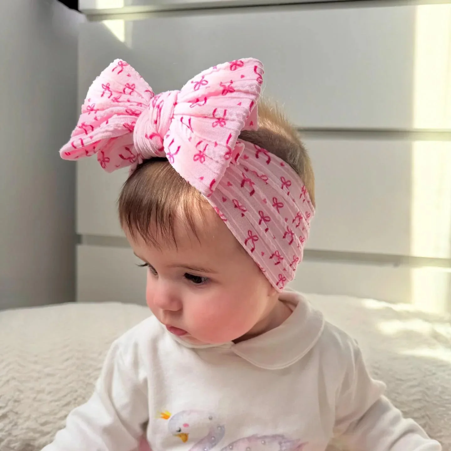 Pink Bow Pattern Larger Bow Cable Knit Headband