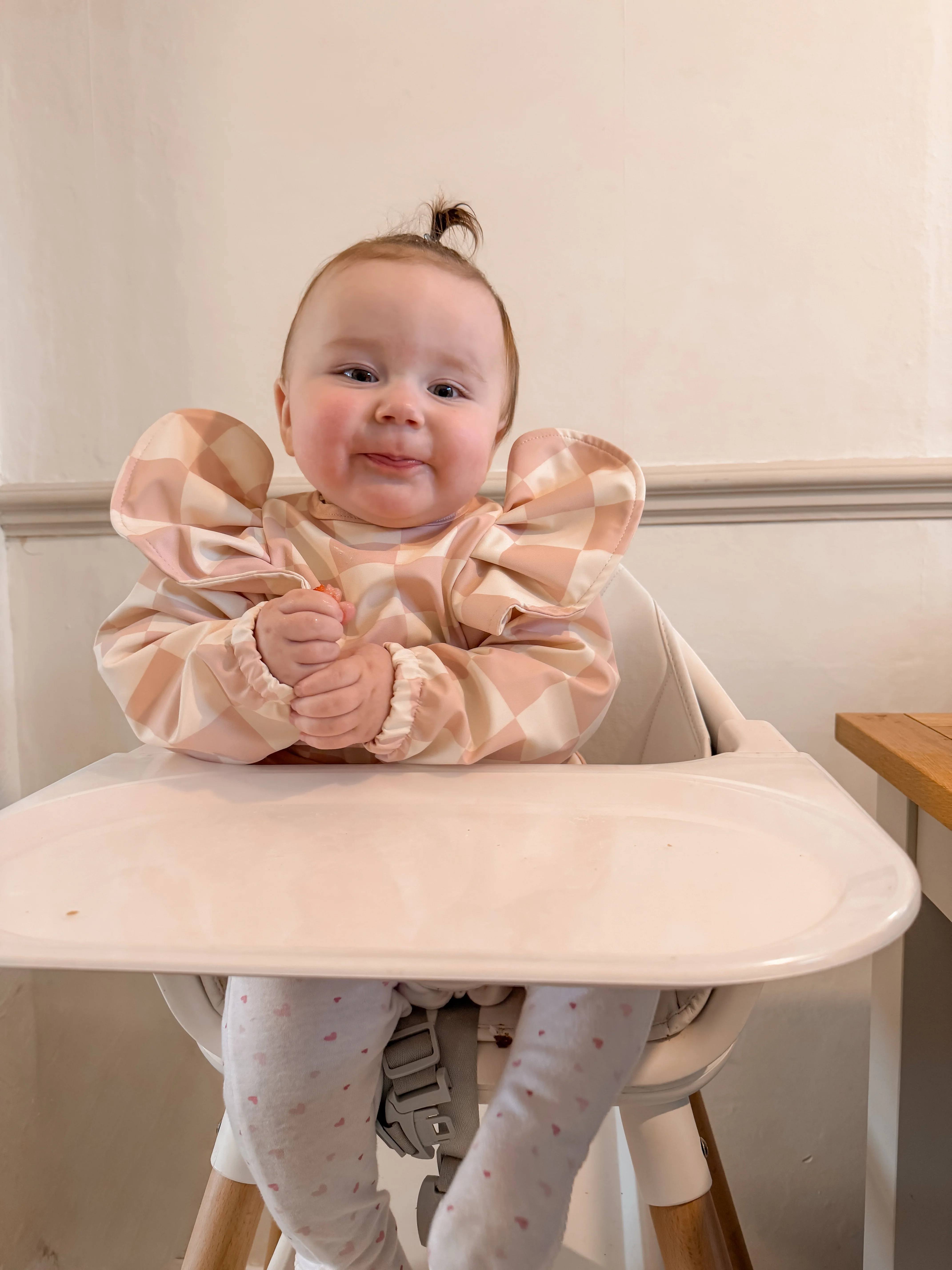 Pink Checkered Pattern Frill Detailed Waterproof Bib with Sleeves - Image 10