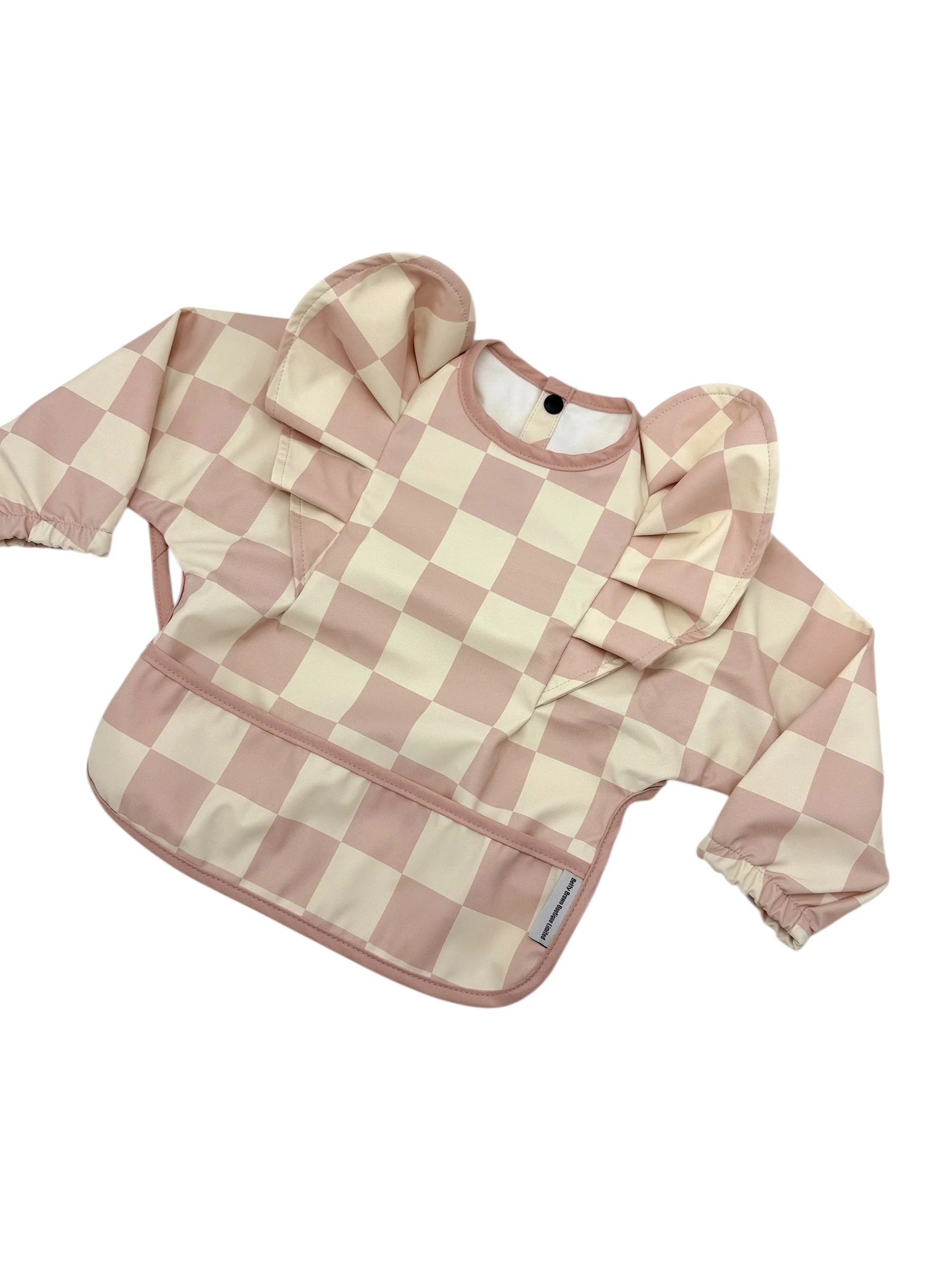 Pink Checkered Pattern Frill Detailed Waterproof Bib with Sleeves - Image 7