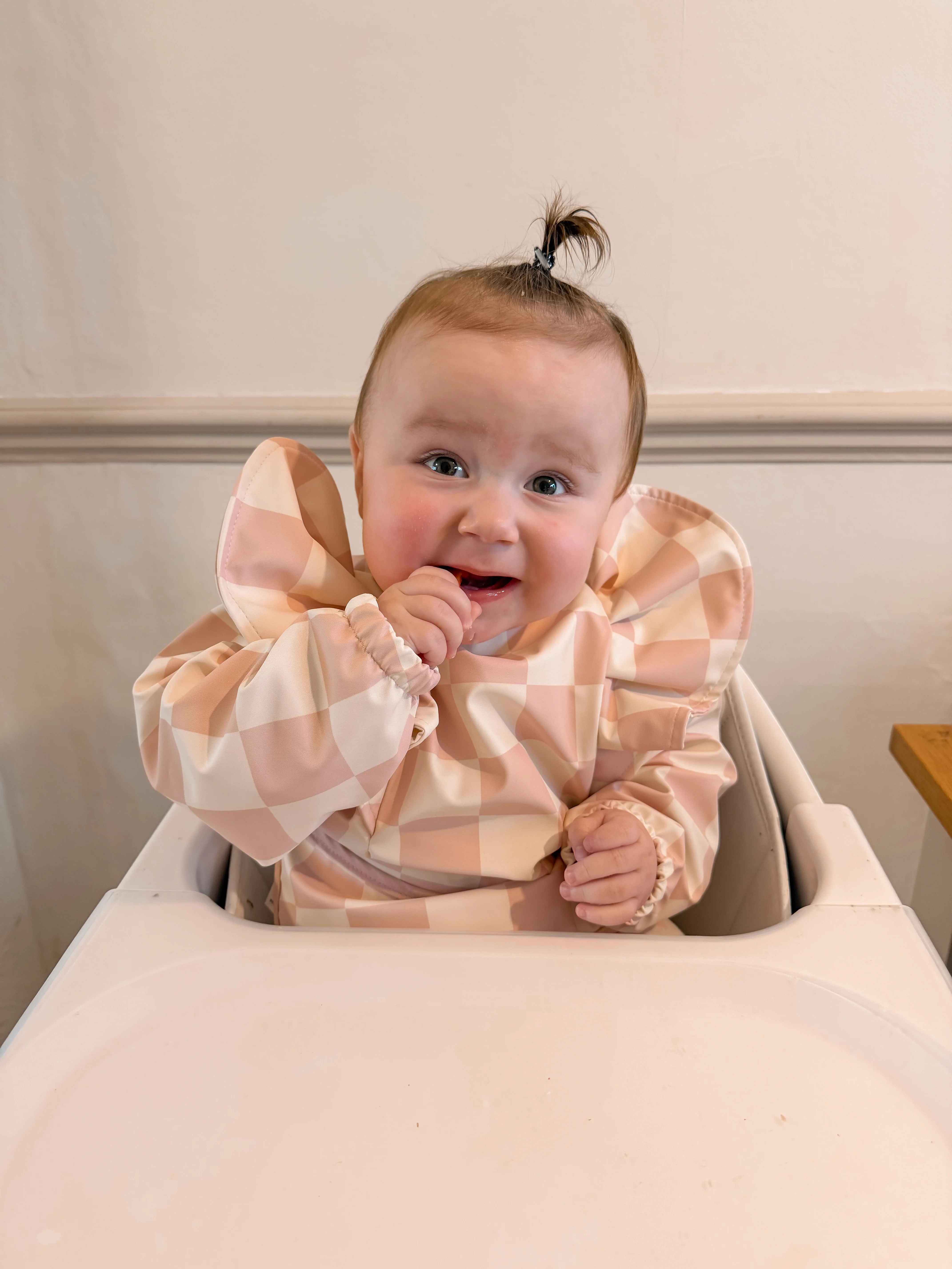 Pink Checkered Pattern Frill Detailed Waterproof Bib with Sleeves - Image 8