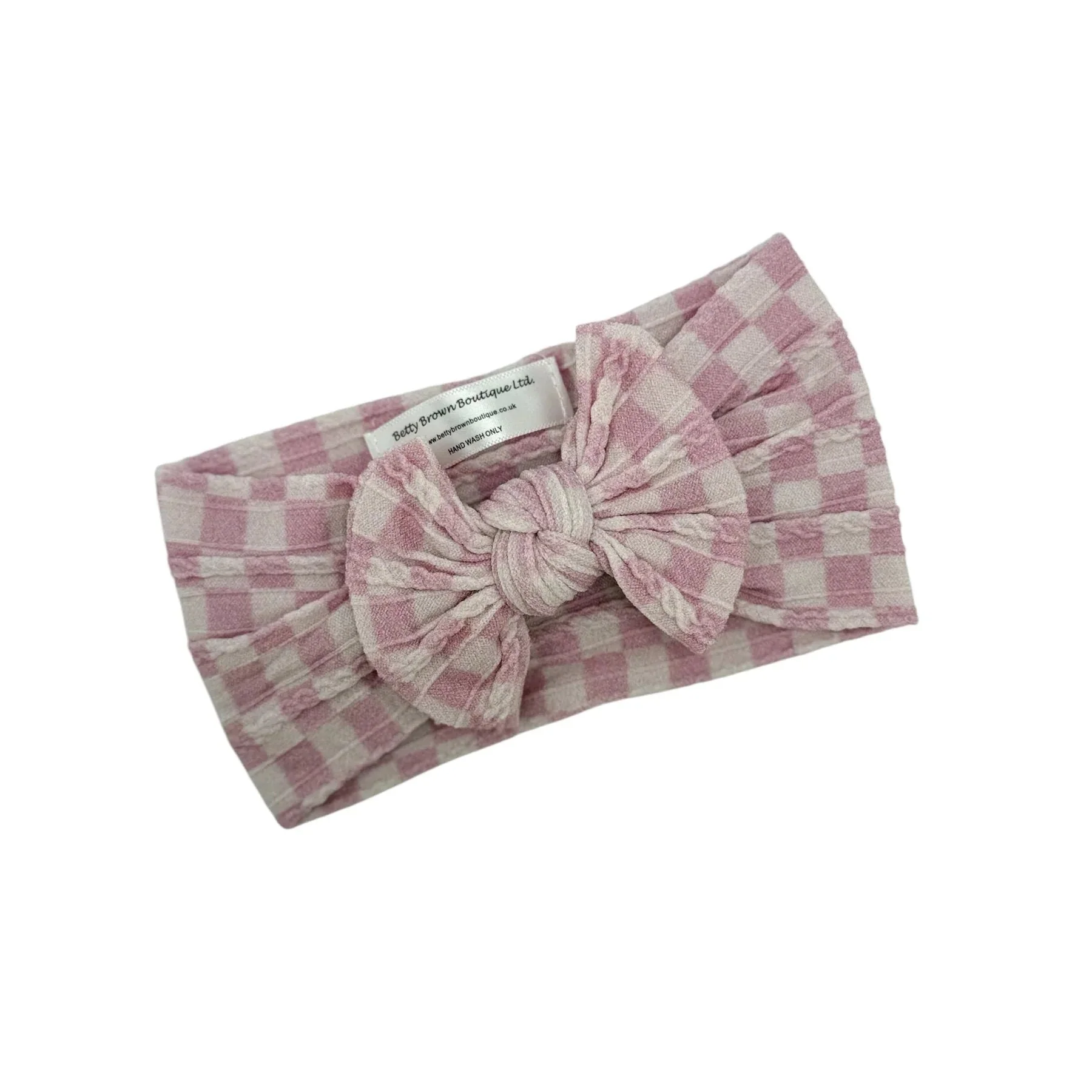 Pink Checkered Pattern Smaller Bow Cable Knit Headband - Image 2