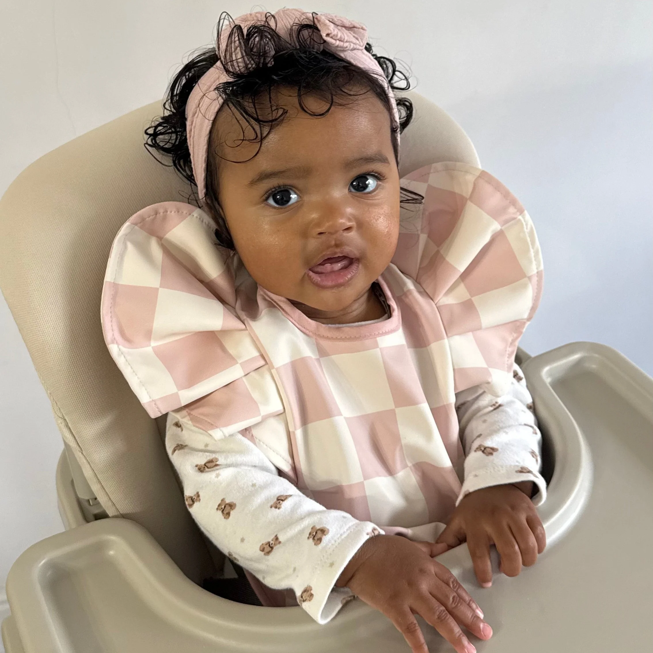 Pink Checkered Pattern Frill Detailed Waterproof Bib