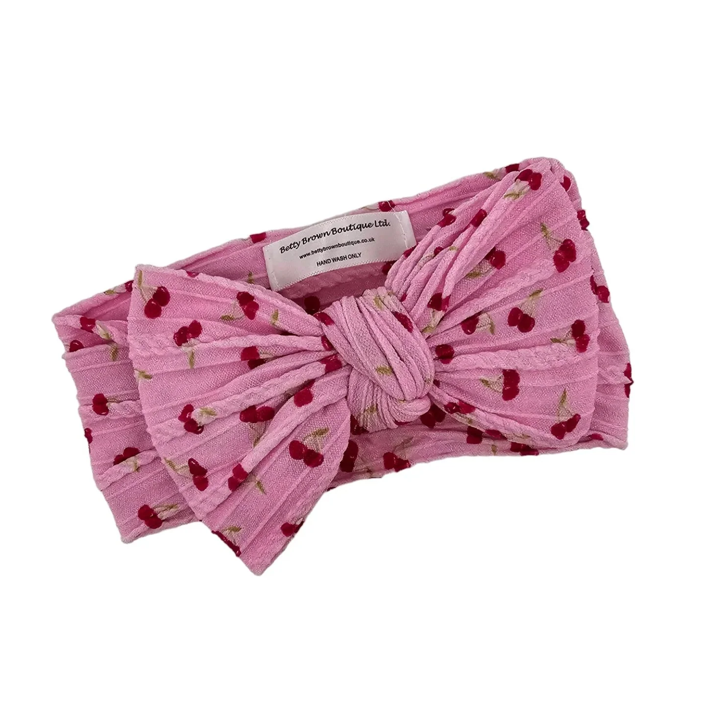 Pink Cherry Pattern Larger Bow Cable Knit Headband - Image 3