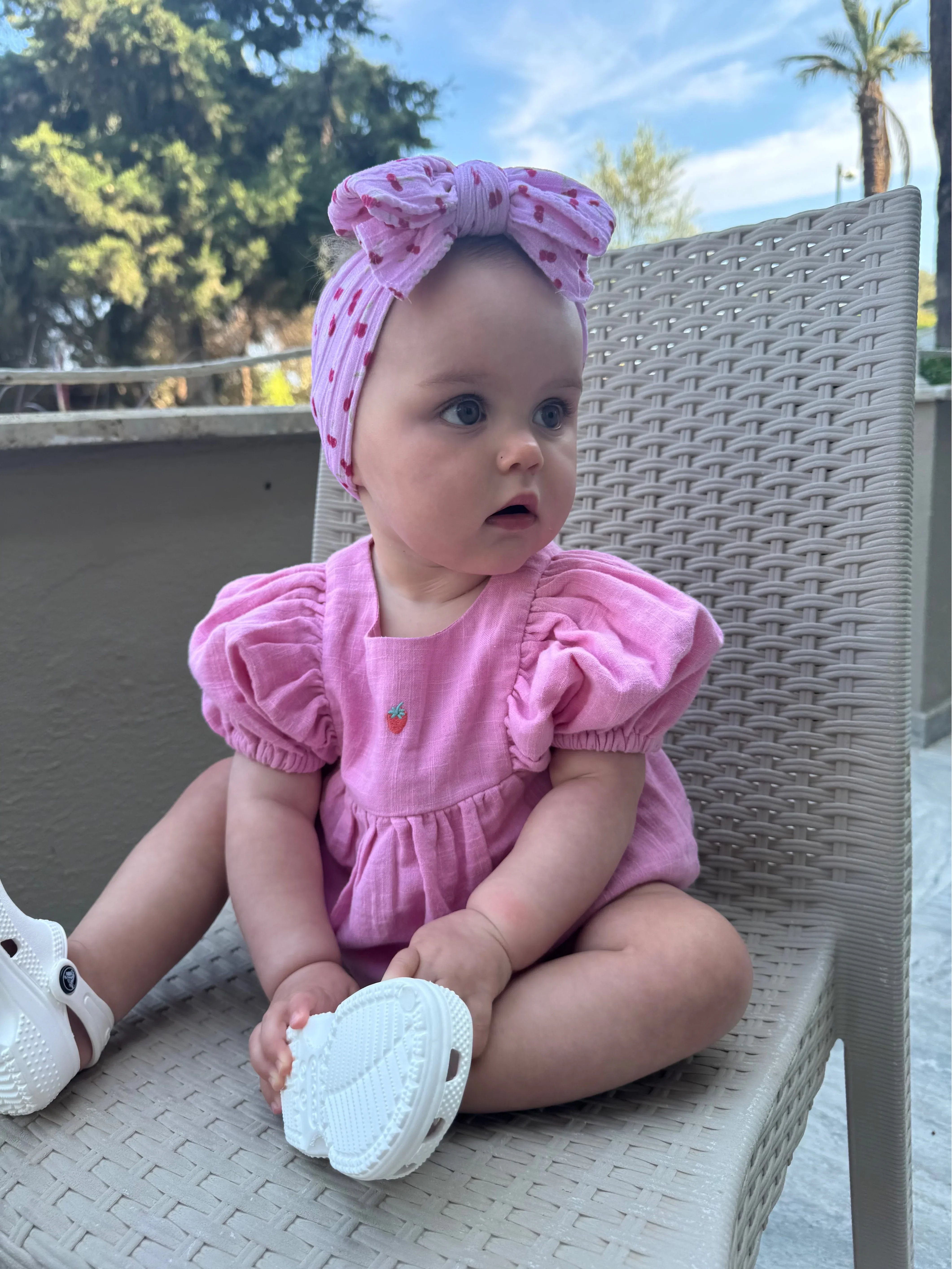 Pink Cherry Pattern Larger Bow Cable Knit Headband - Image 5