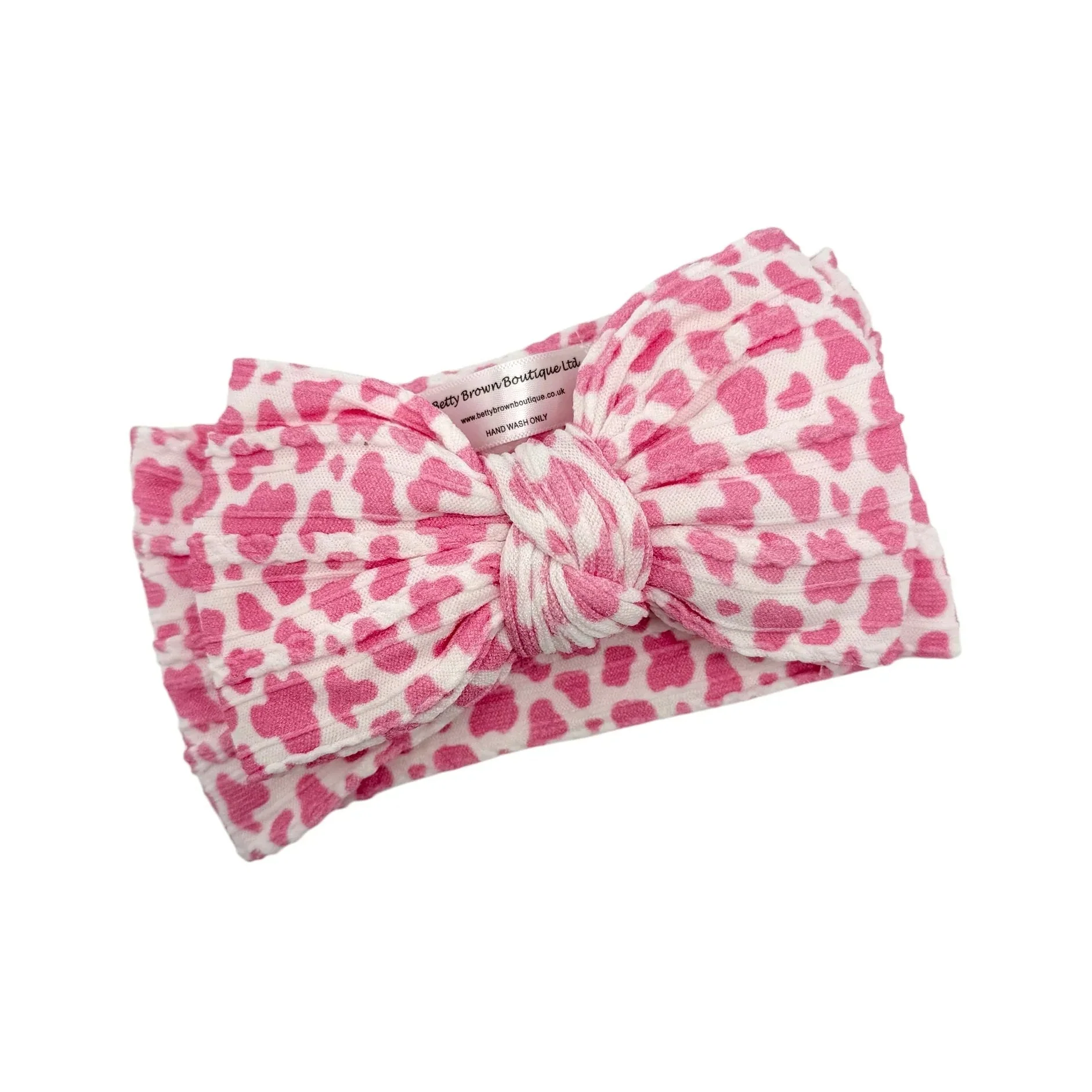 Pink Cow Pattern Larger Bow Cable Knit Headband - Image 2