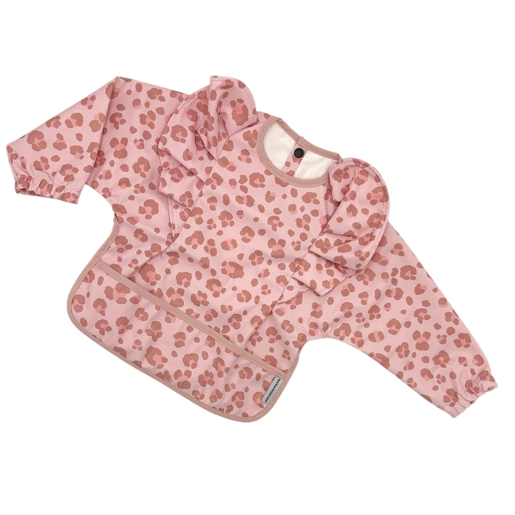 Pink Leopard Pattern Frill Detailed Waterproof Bib with Sleeves - Image 2