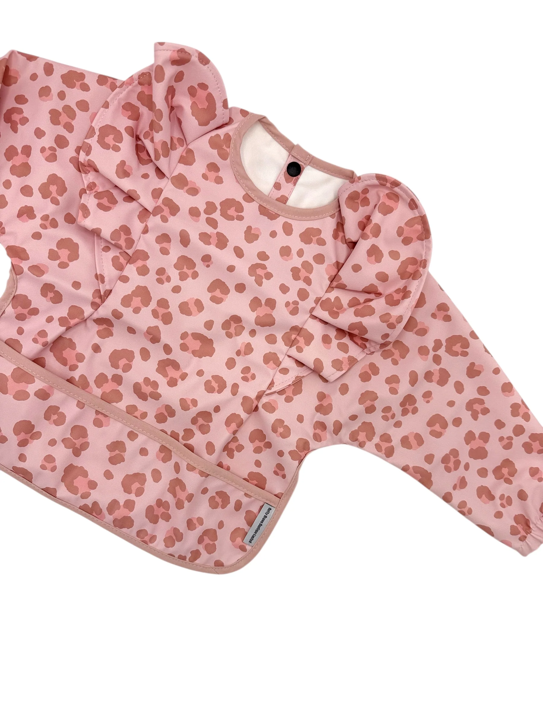 Pink Leopard Pattern Frill Detailed Waterproof Bib with Sleeves - Image 5