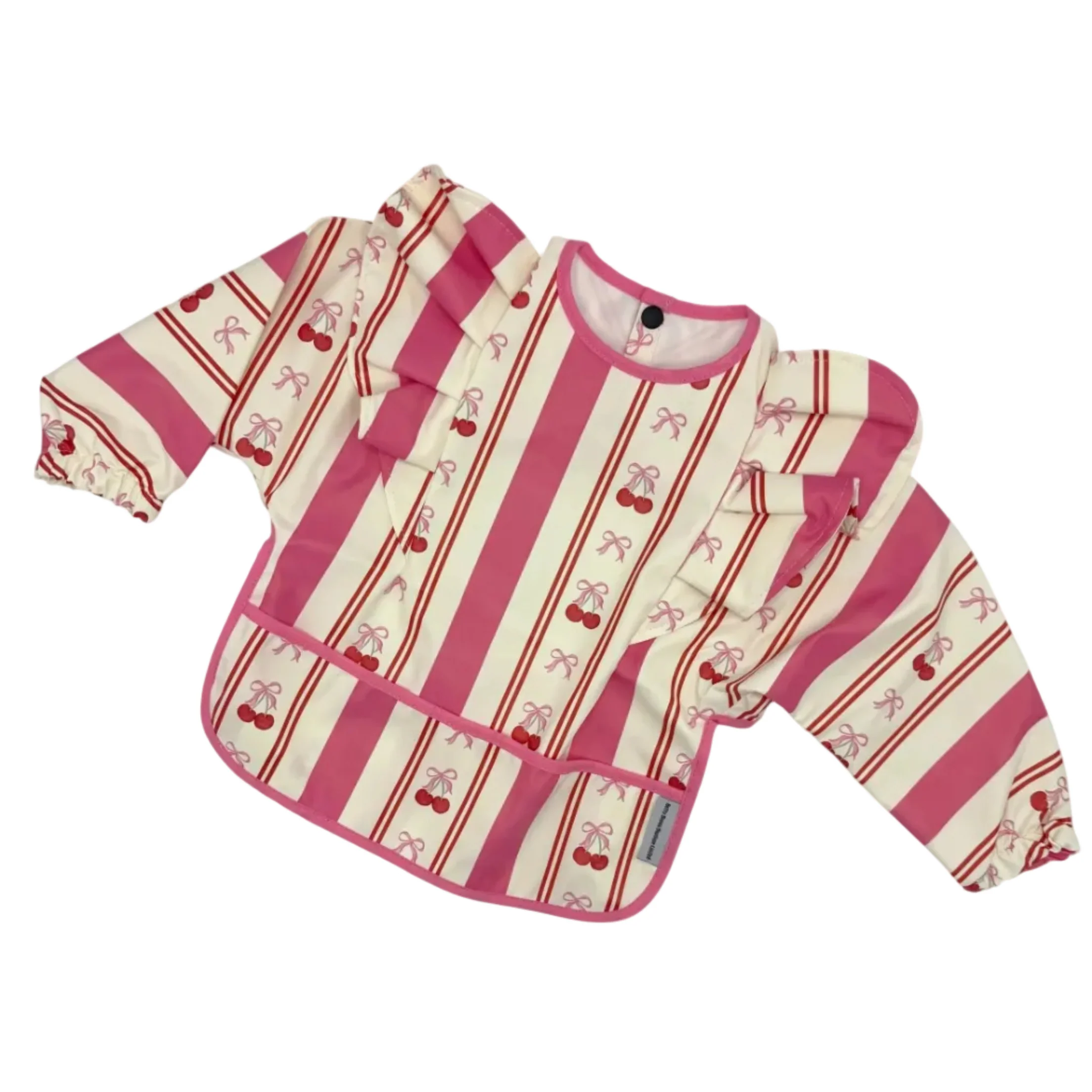Pink Pinstripe Cherry Pattern Frill Detailed Waterproof Bib with Sleeves - Image 3