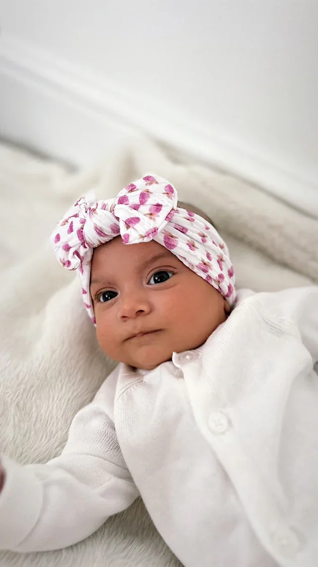 Pink Watercolour Strawberry Pattern Smaller Bow Cable Knit Headband
