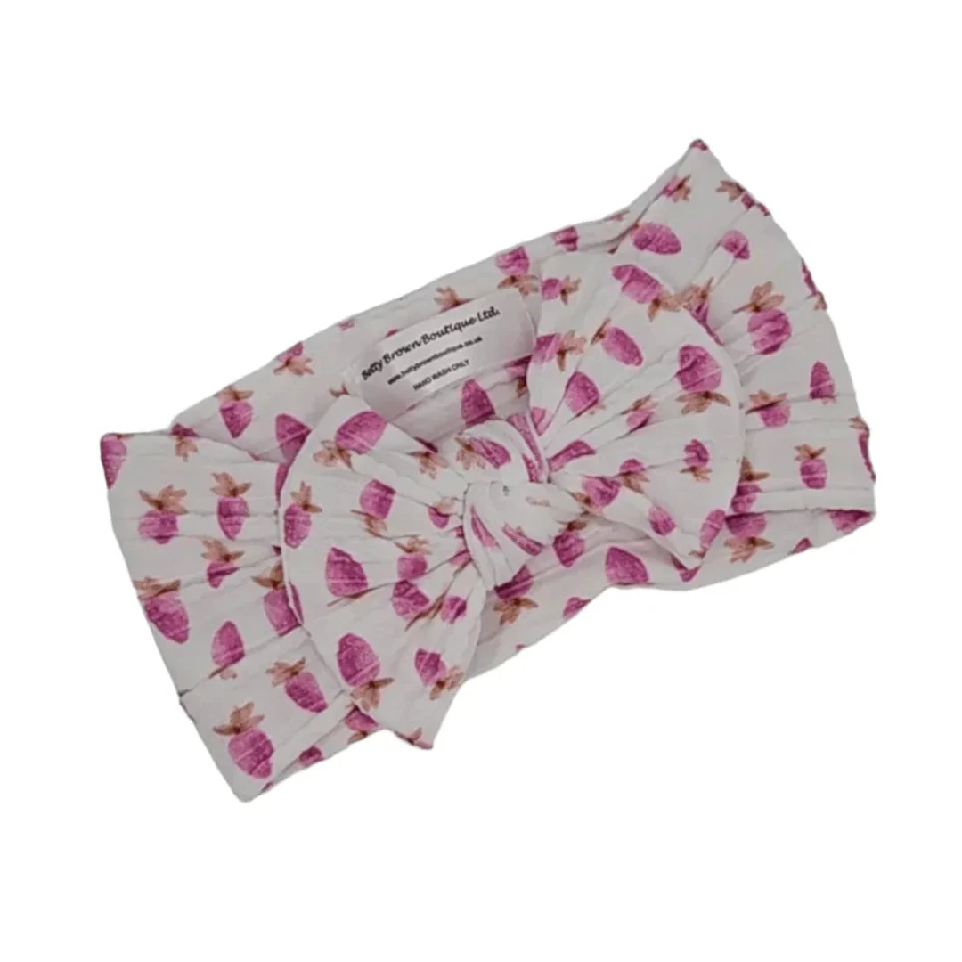 Pink Watercolour Strawberry Pattern Smaller Bow Cable Knit Headband - Image 2