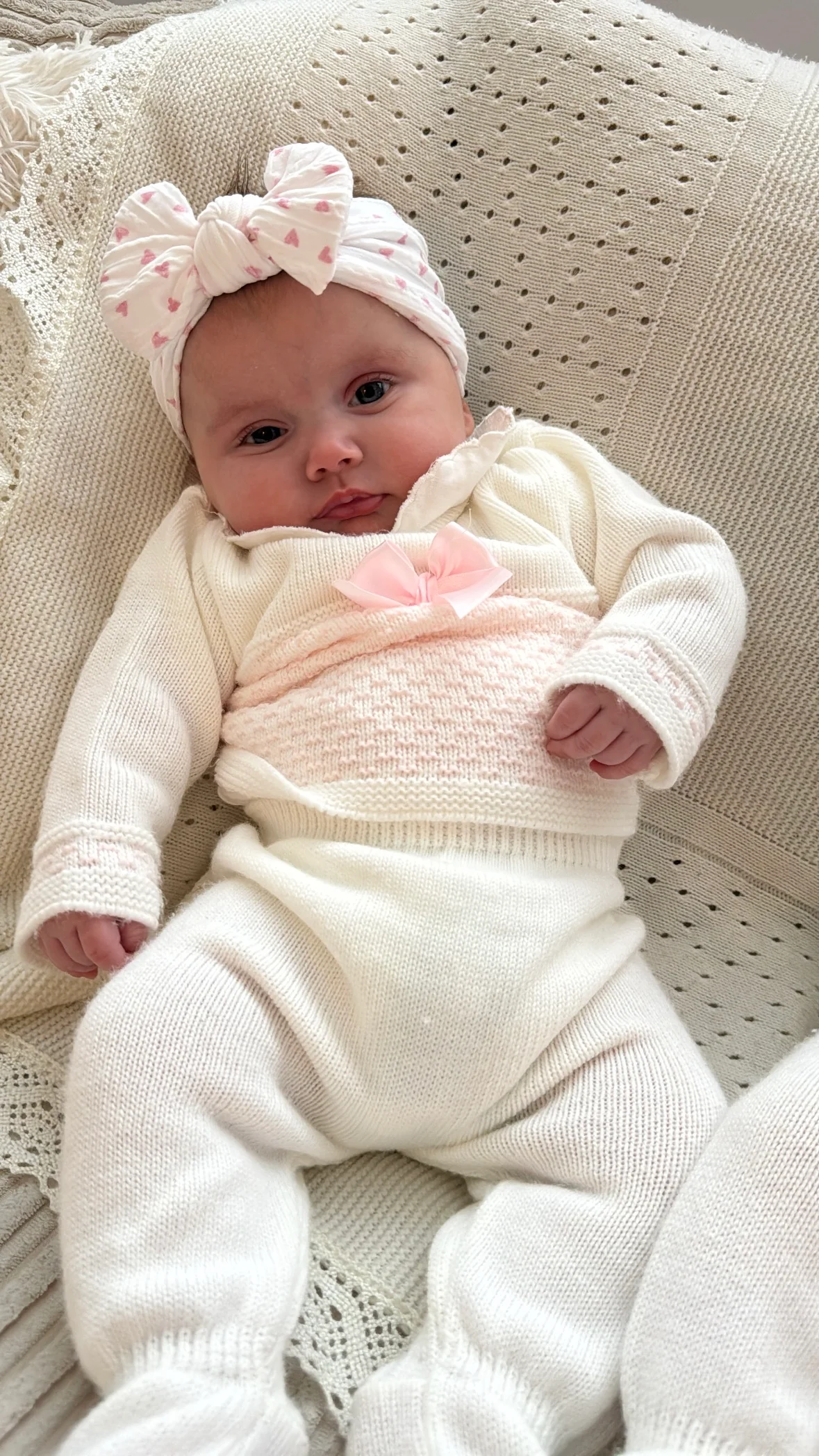 Pink and White Heart Pattern Smaller Bow Cable Knit Headband  - Valentines Collection - Image 4