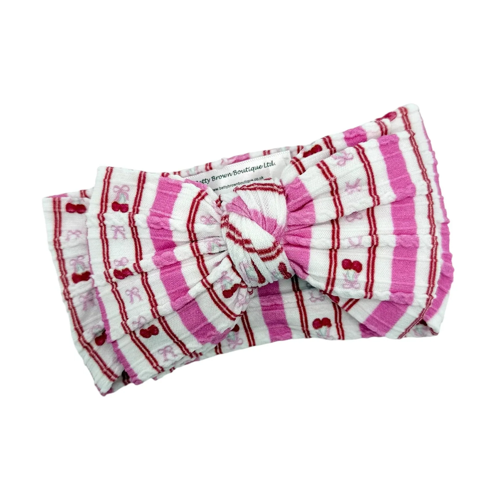 Pink Pinstripe Cherry Pattern Larger Bow Cable Knit Headband - Image 3