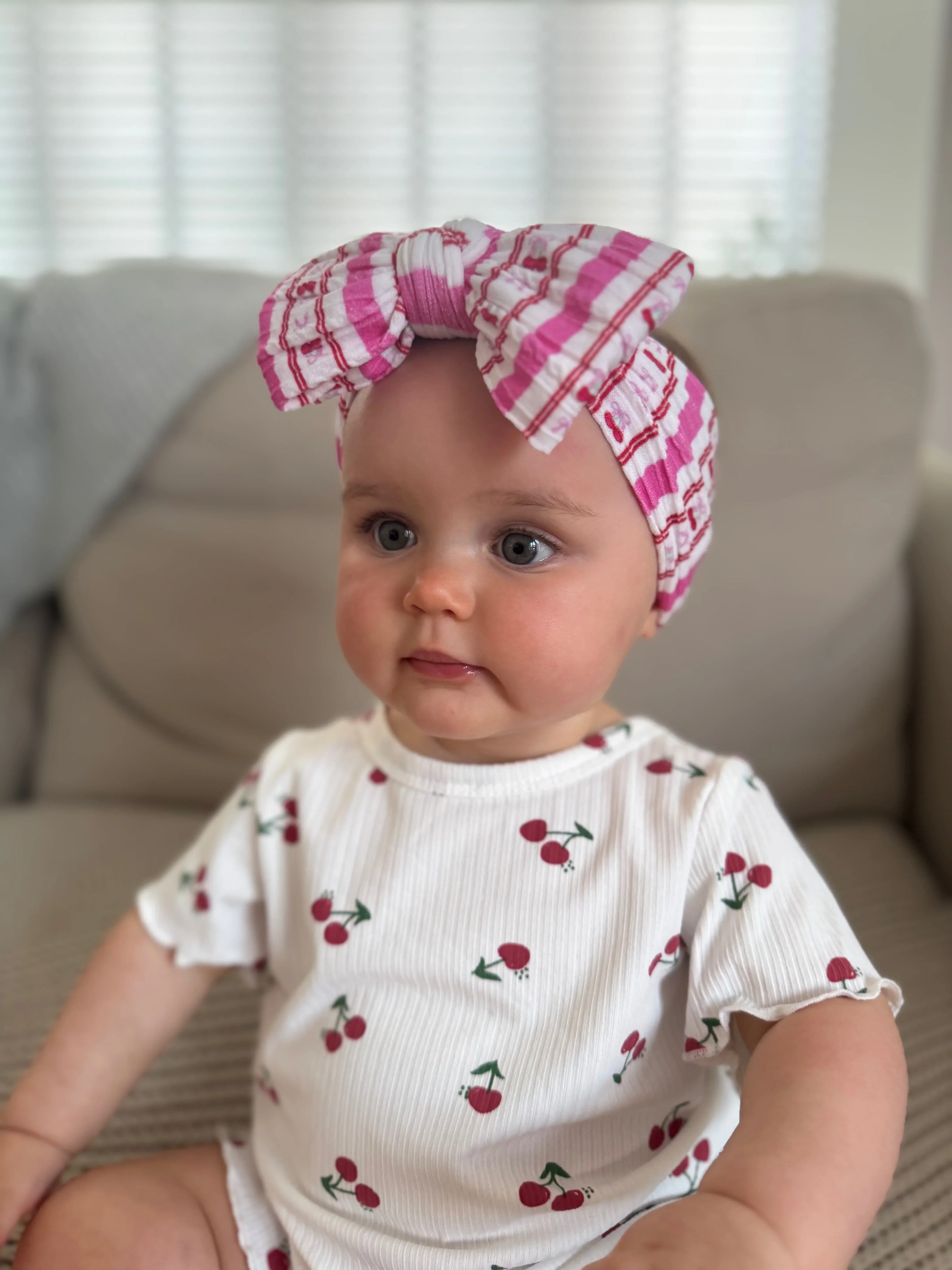 Pink Pinstripe Cherry Pattern Larger Bow Cable Knit Headband - Image 4