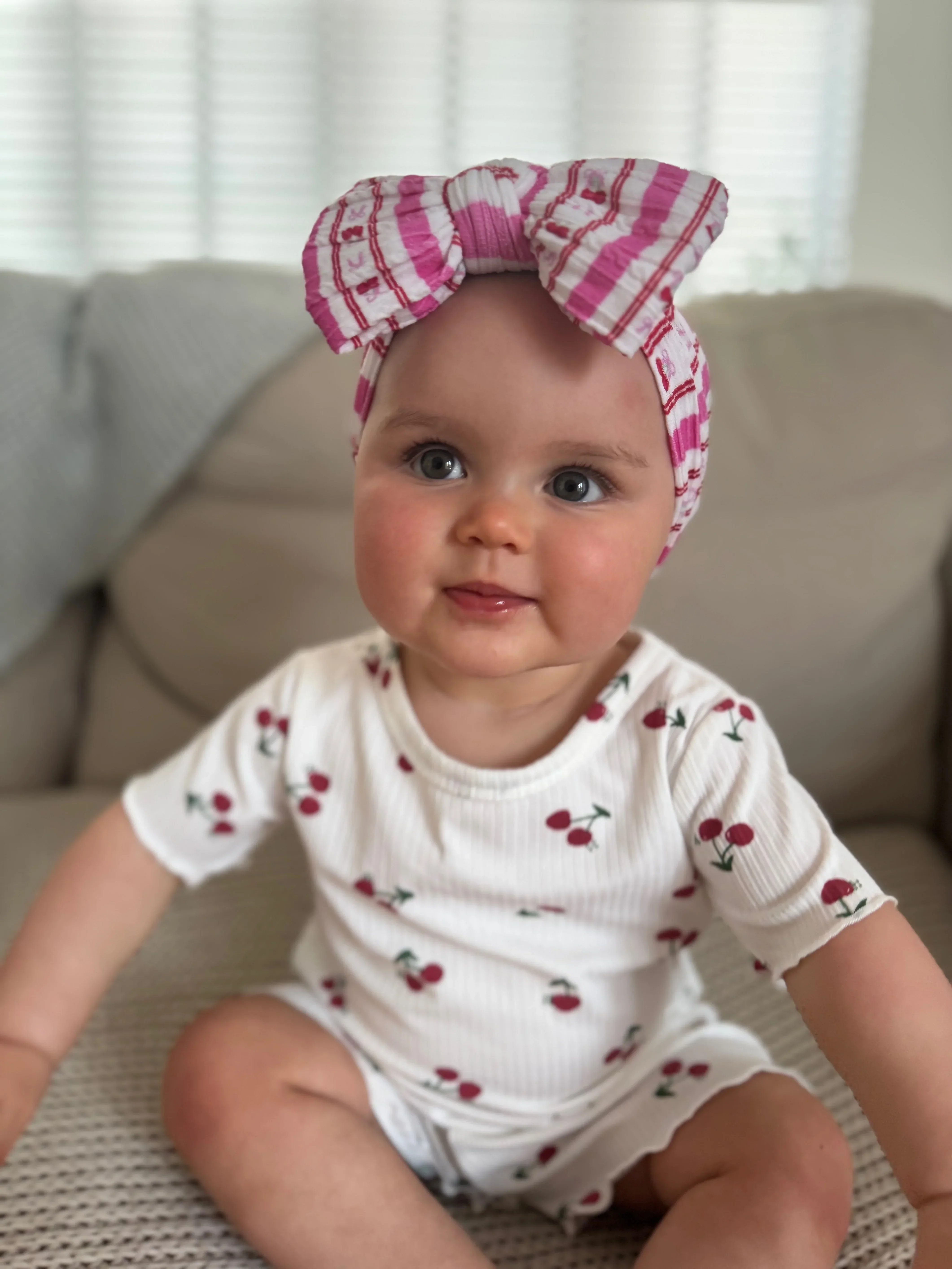 Pink Pinstripe Cherry Pattern Larger Bow Cable Knit Headband - Image 5