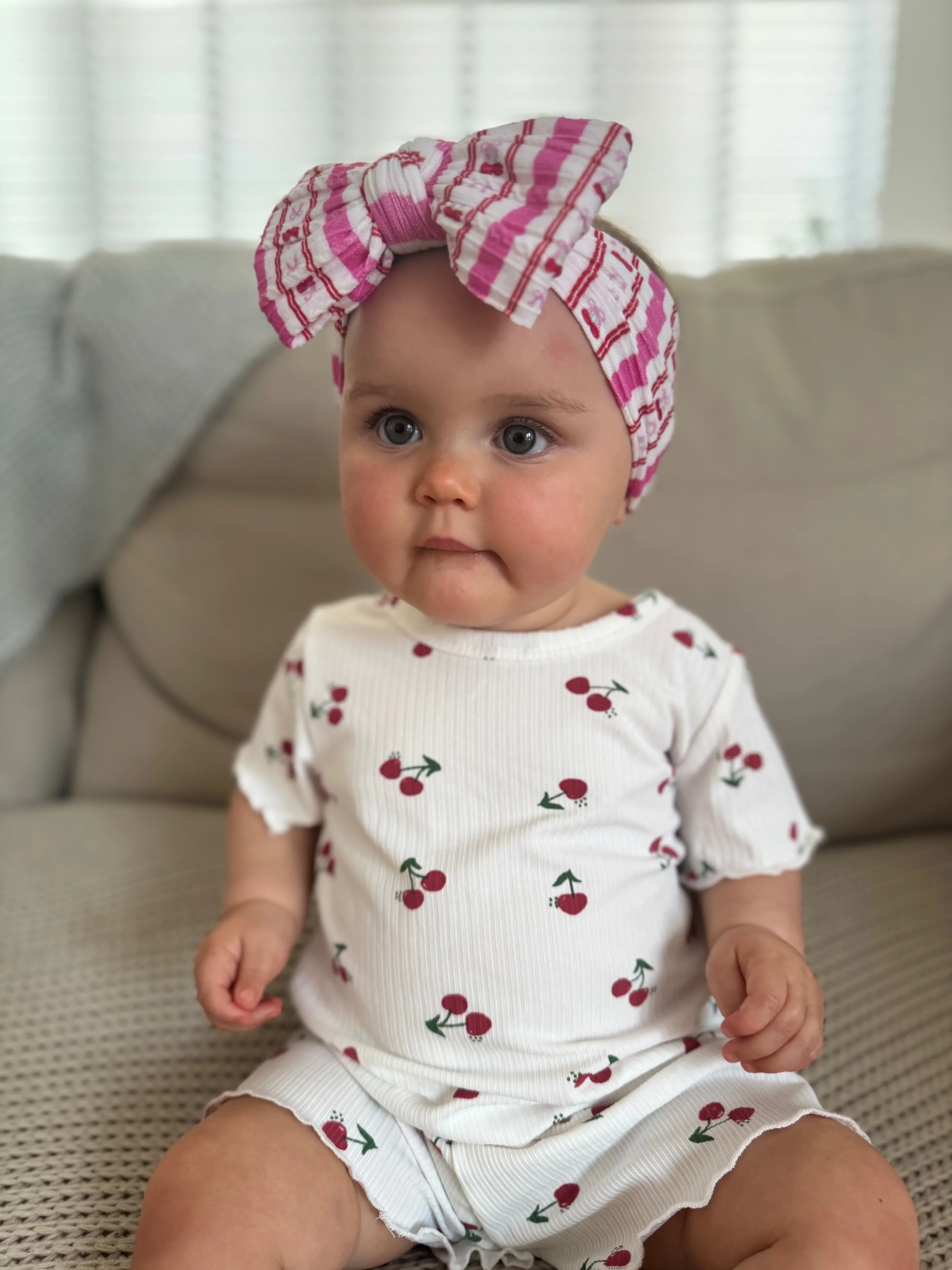 Pink Pinstripe Cherry Pattern Larger Bow Cable Knit Headband - Image 6
