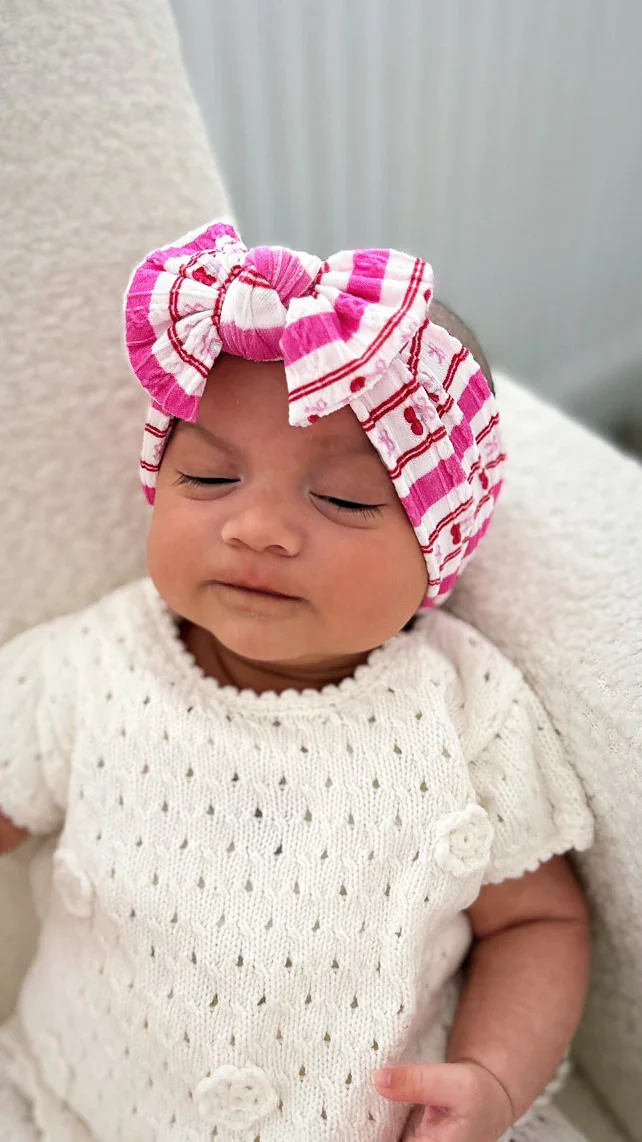 Pink Pinstripe Cherry Pattern Smaller Bow Cable Knit Headband