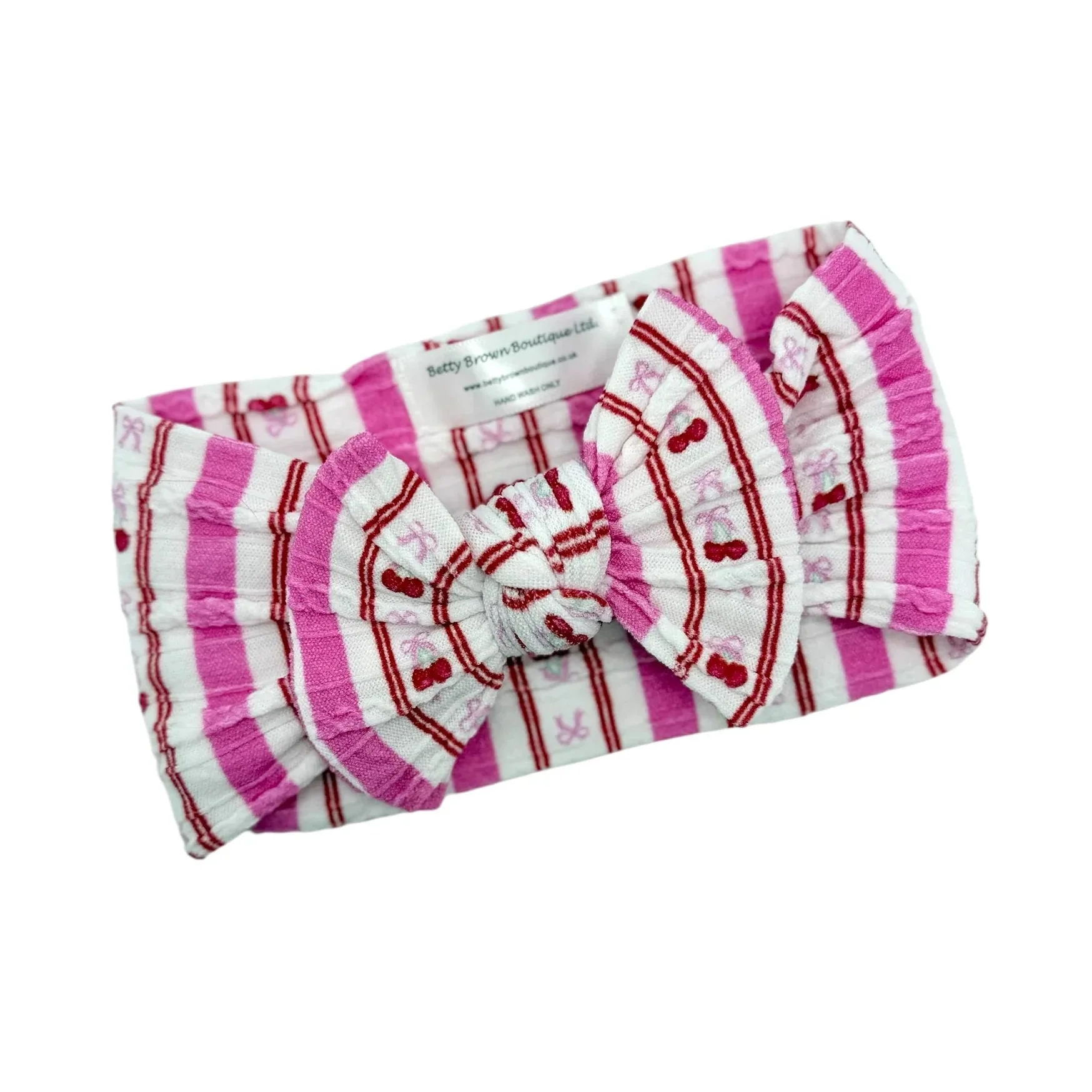 Pink Pinstripe Cherry Pattern Smaller Bow Cable Knit Headband - Image 2